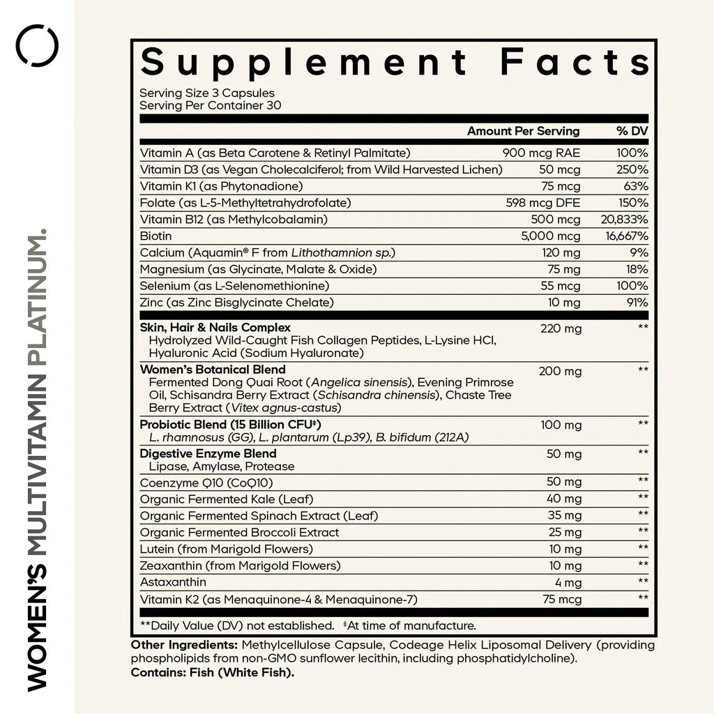 Codeage Women’s Multivitamin Platinum - Vitamins A D3 K1 K2 B12 & Minerals, CoQ10, Skin, Hair & Nails Complex, Collagen, Botanicals, Probiotics Codeage Au supplements