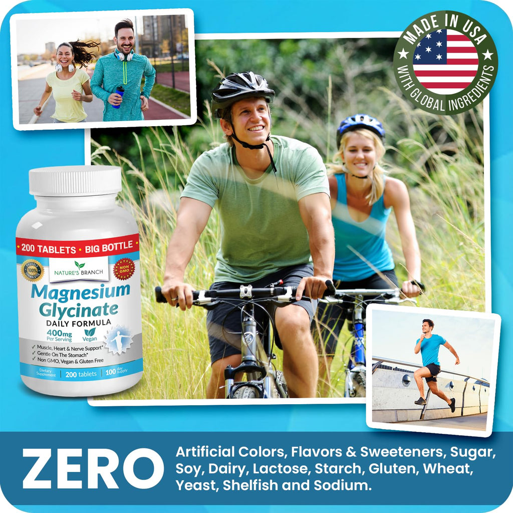 Magnesium Glycinate 400mg | 200 Tablets | High Absorption Mag Supplements for Sleep, Leg Cramps, Heart, Muscle, Calm | Non Buffered Bisglycinate, Extra Strength for Women and Men, Tablets Not Capsules NATURE'S BRANCH Au supplements