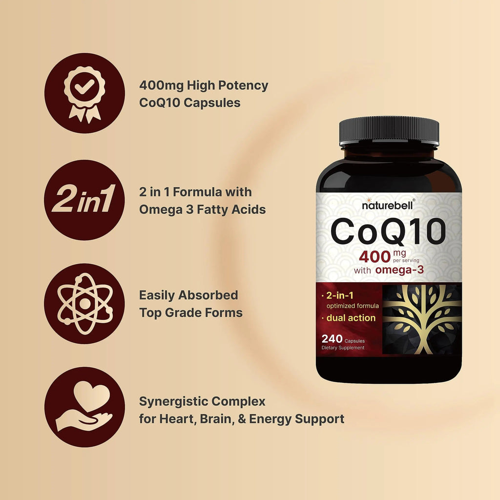CoQ10 (Ubiquinone) 400mg with Omega 3 Fatty Acids, 240 Capsules | Stable High NatureBell Au supplements