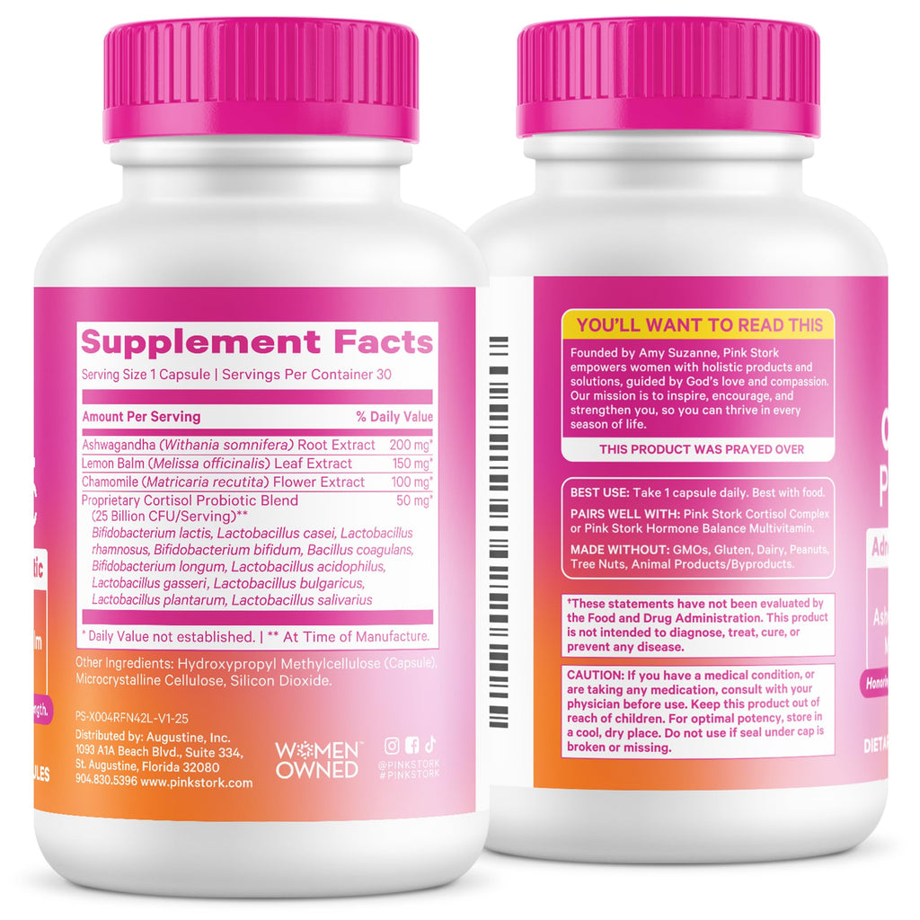 Pink Stork Cortisol Probiotic for Women – Mood and Adrenal Support Supplement – Ashwagandha, Lemon Balm, Chamomile, 25 Billion CFU – Gut Health, Energy, Focus – Lower Cortisol – 30 Capsules Pink Stork Au supplements