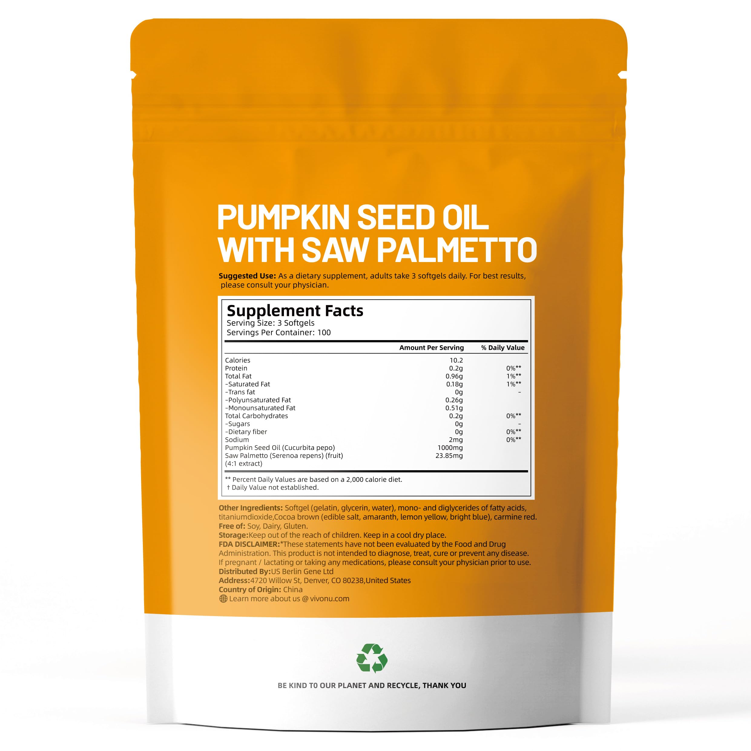 VivoNu Pumpkin Seed Oil with Saw Palmetto Capsules | Cold Pressed, Pure Virgin Oil, Essential Fatty Acids & Phytosterols | 300 SoftgelsSupports Hair, Urinary