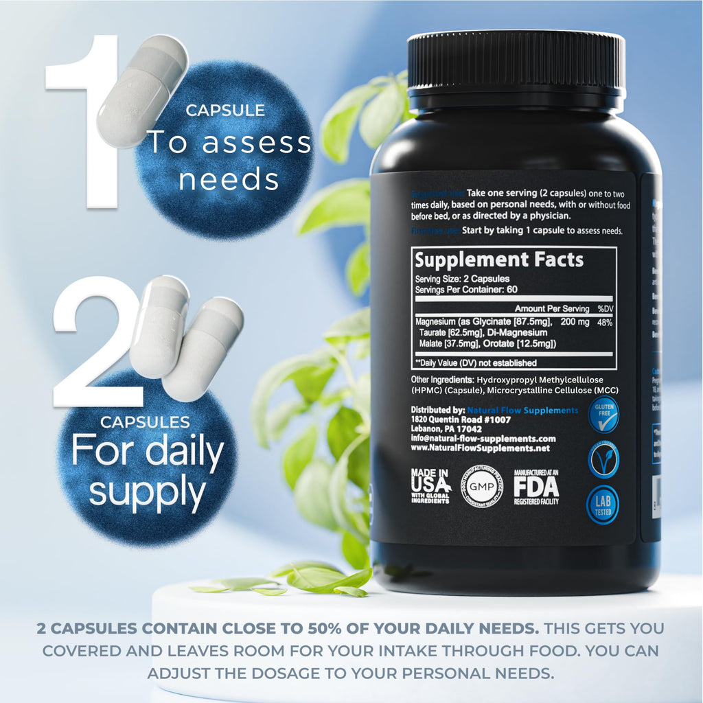 Natural Flow 4X Magnesium Supplement, Magnesium Glycinate, Taurate, Malate, Orotate Complex, Calm Sleep and Cramp Support Blend