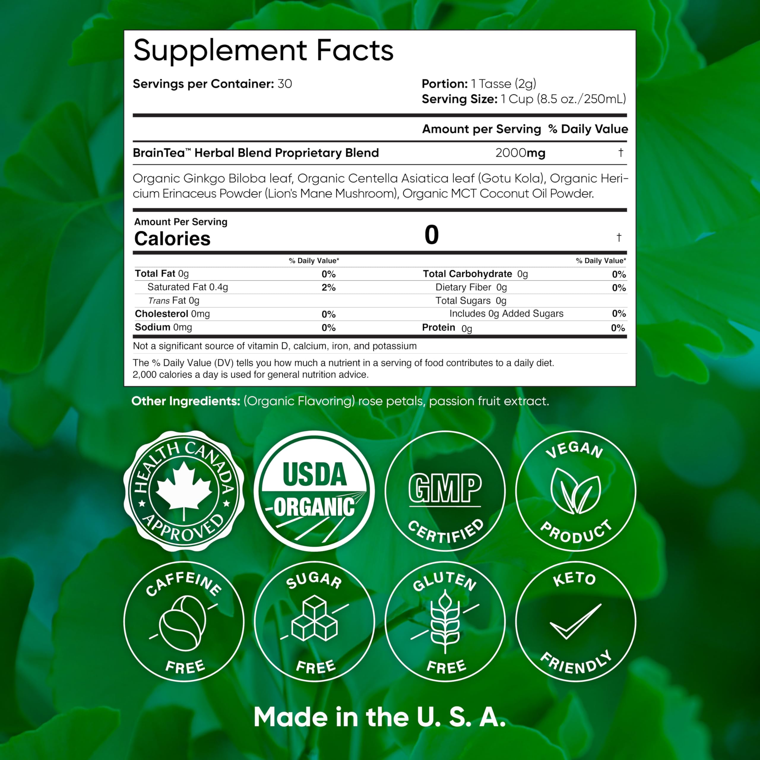 Brain Tea Focus & Memory - Brain Tea Organic Certified 4-in-1 Nootropic Herbal Supplement with Ginkgo Biloba, Gotu Kola, Lion’s Mane Mushroom, MCT Caffeine-Free for Mental Clarity (30 Sachets) Brain Tea Au supplements