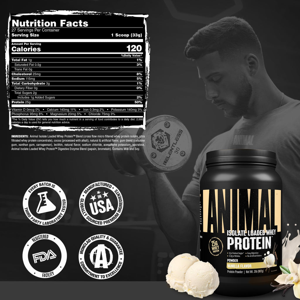 Animal Whey Isolate Protein Powder - Loaded for Pre & Post Workout Muscle Builder and Recovery with Digestive Enzymes for Men & Women - 25g Protein, Great Taste, Low Sugar - Vanilla 2 lbs