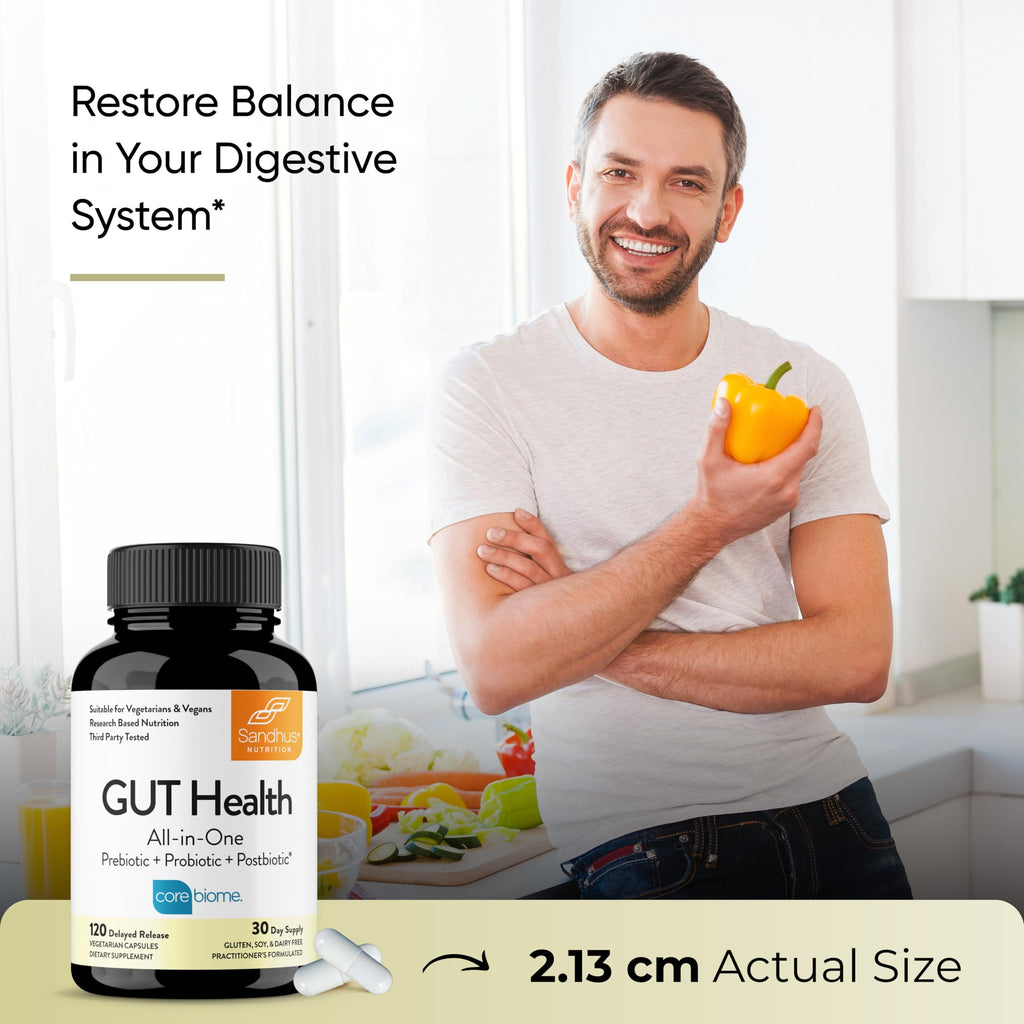 Sandhu's Gut Health - Prebiotic, Probiotic, Postbiotic & L-Glutamine | Digestive Health, Colon, Probiotic Total Supplements | 120 Delayed Release Capsules