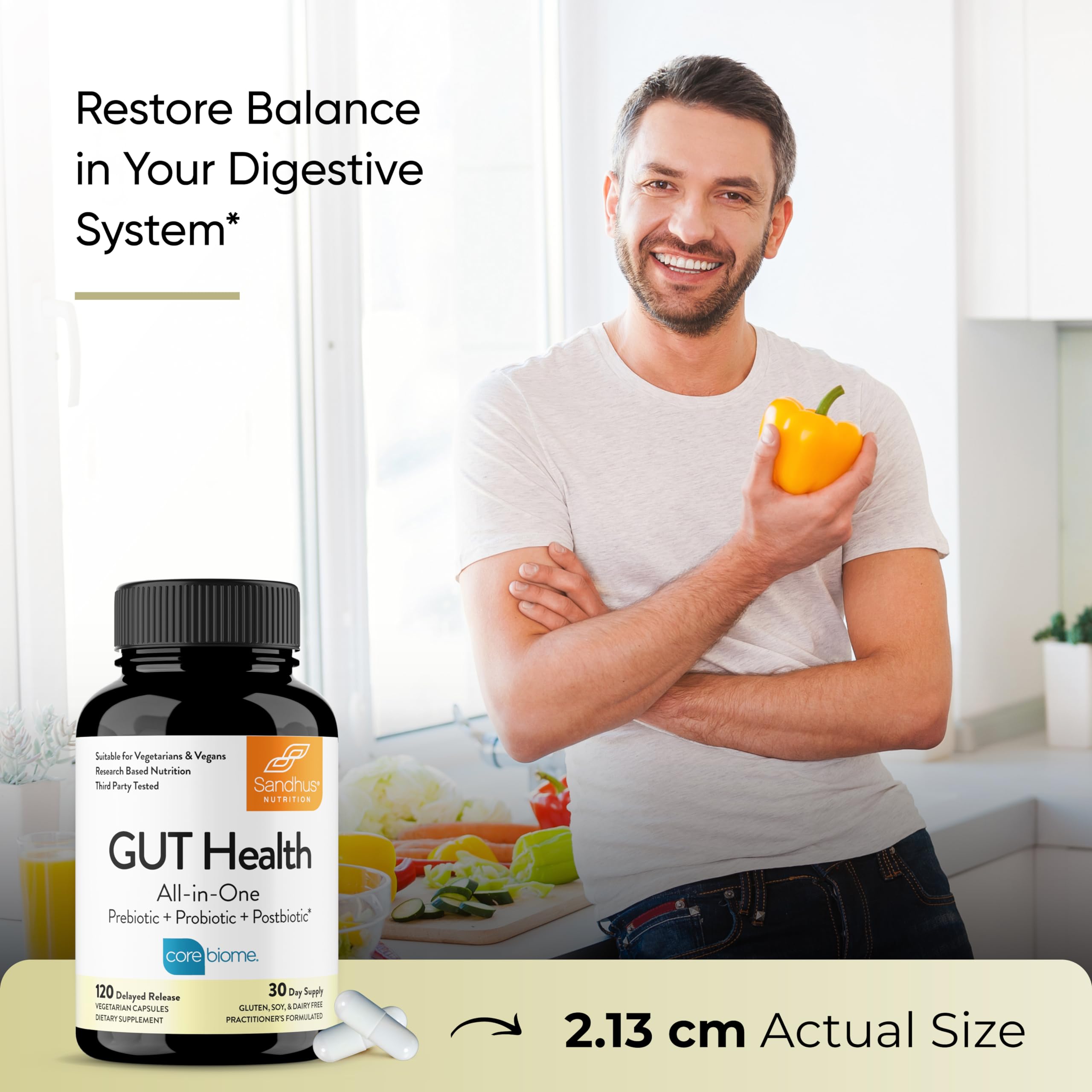 Sandhu's Gut Health - Prebiotic, Probiotic, Postbiotic & L-Glutamine | Digestive Health, Colon, Probiotic Total Supplements | 120 Delayed Release Capsules