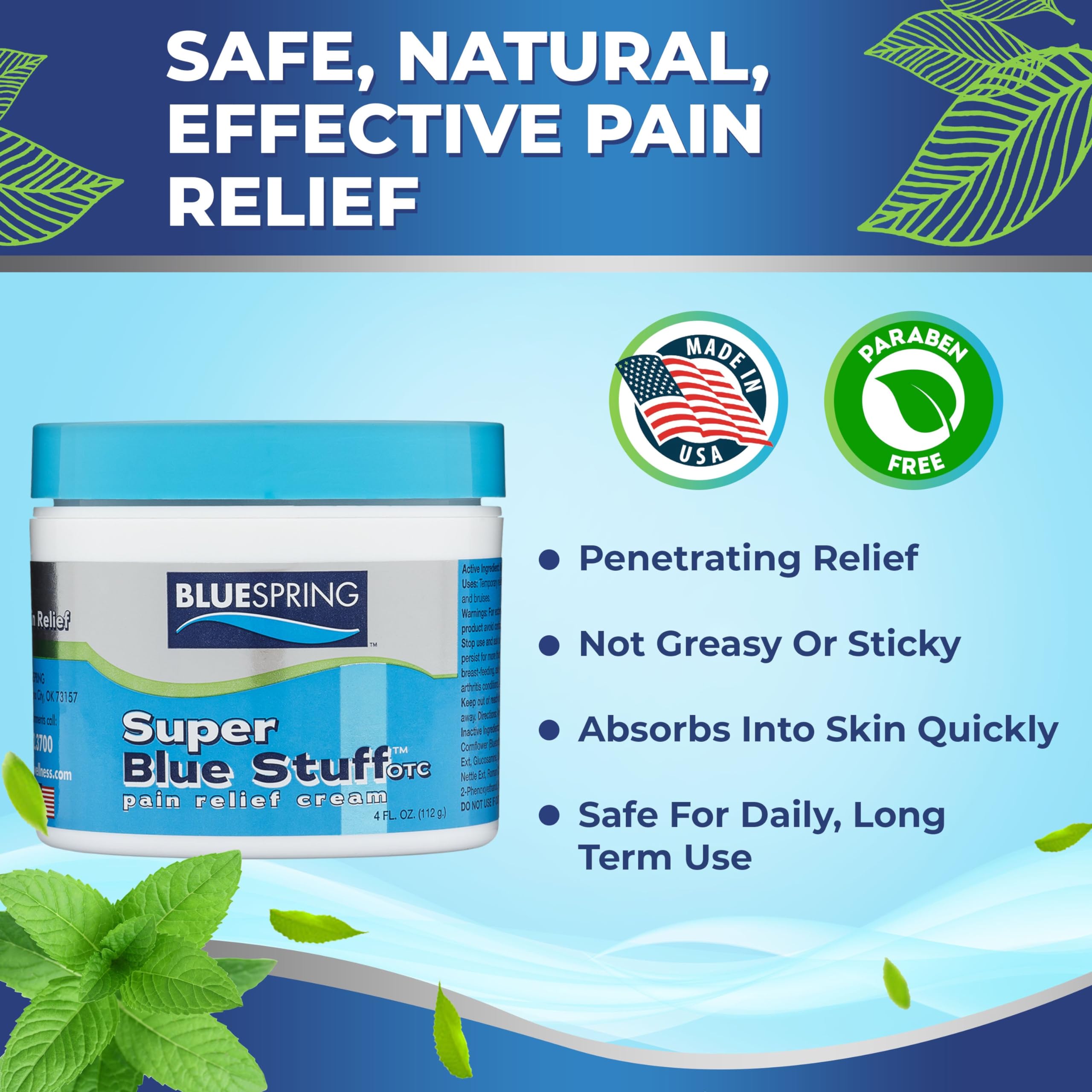 BLUESPRING Pain Relief Cream- Super Blue Stuff with Emu Oil, Arnica, Provides Maximum Arthritis Pain Relief- Anti Inflammatory Cream Goes Deep into the Skin- Great Muscle Rub and Relaxer Cream - 4 oz Emu Therapy Au supplements