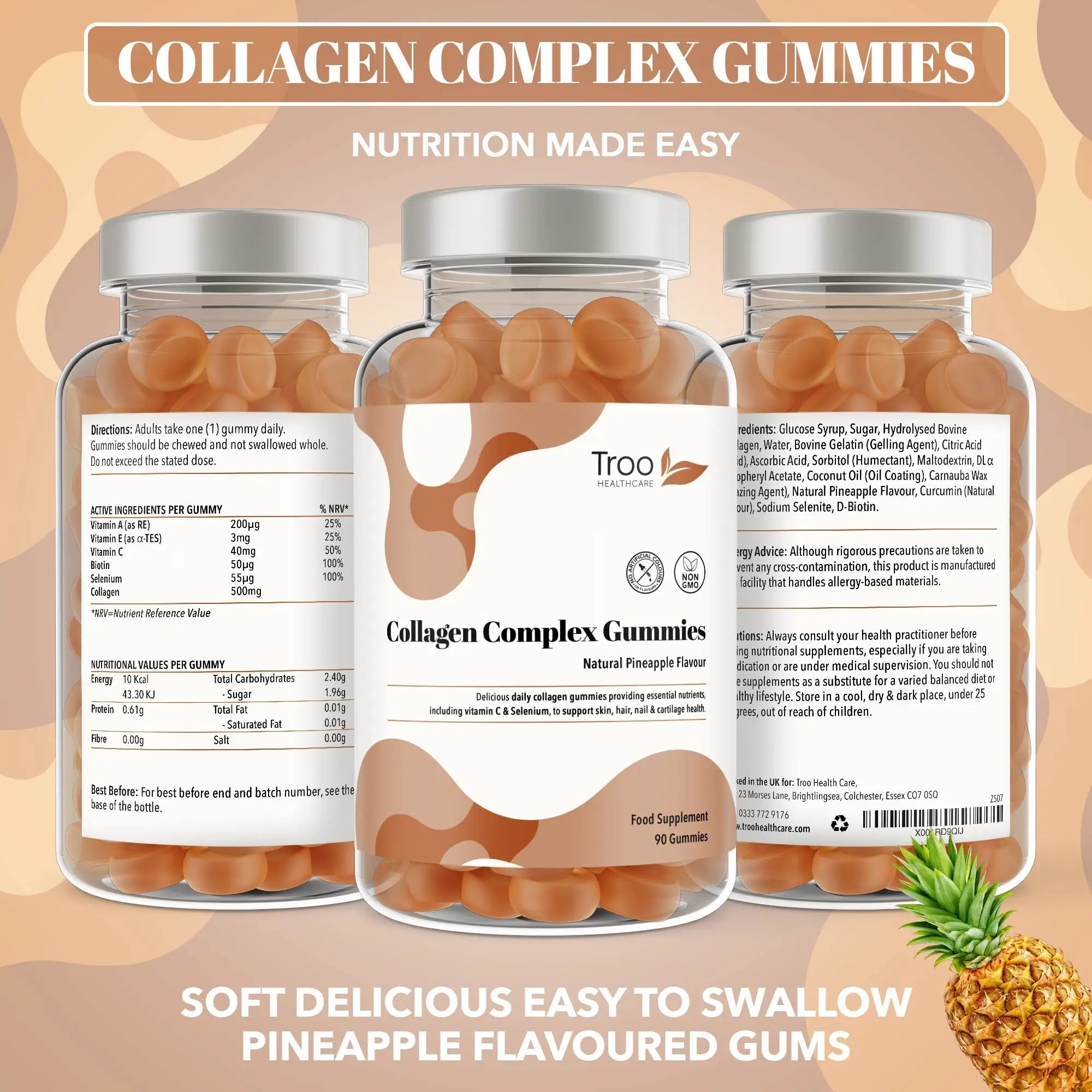 Hydrolysed Collagen Complex - 90 Natural Pineapple Flavour Chewable Gummies - One Per Day with Biotin, Vitamin C and Selenium Troo Health Care Au supplements