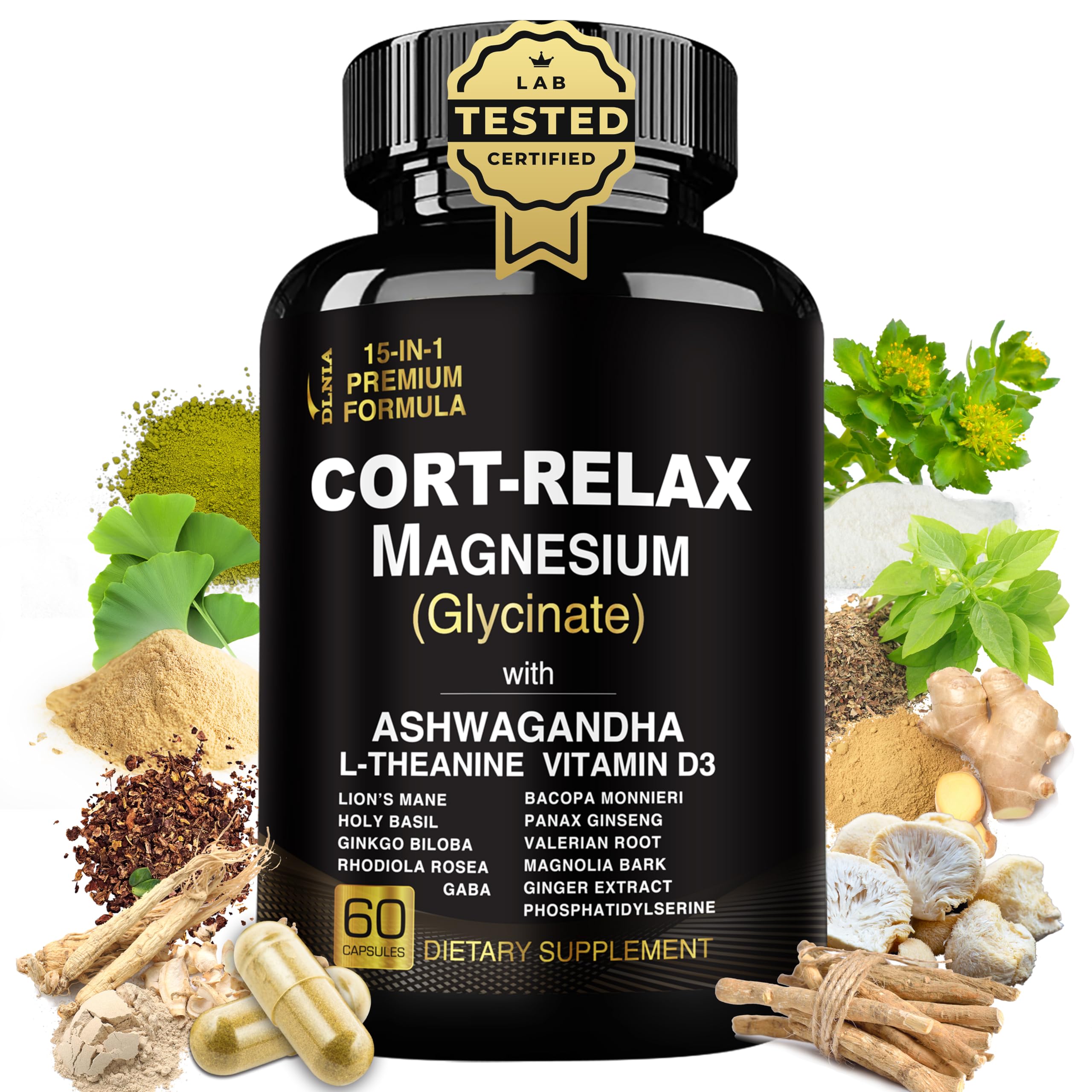 Super Calm Cortisol Supplements for Women & Men with Magnesium Glycinate, Ashwagandha, L-Theanine, Phosphatidylserine, Ginkgo & Lions Mane for Calm, Focus, Mental Clarity, Relaxation, Sleep, Energy DLNIA Au supplements