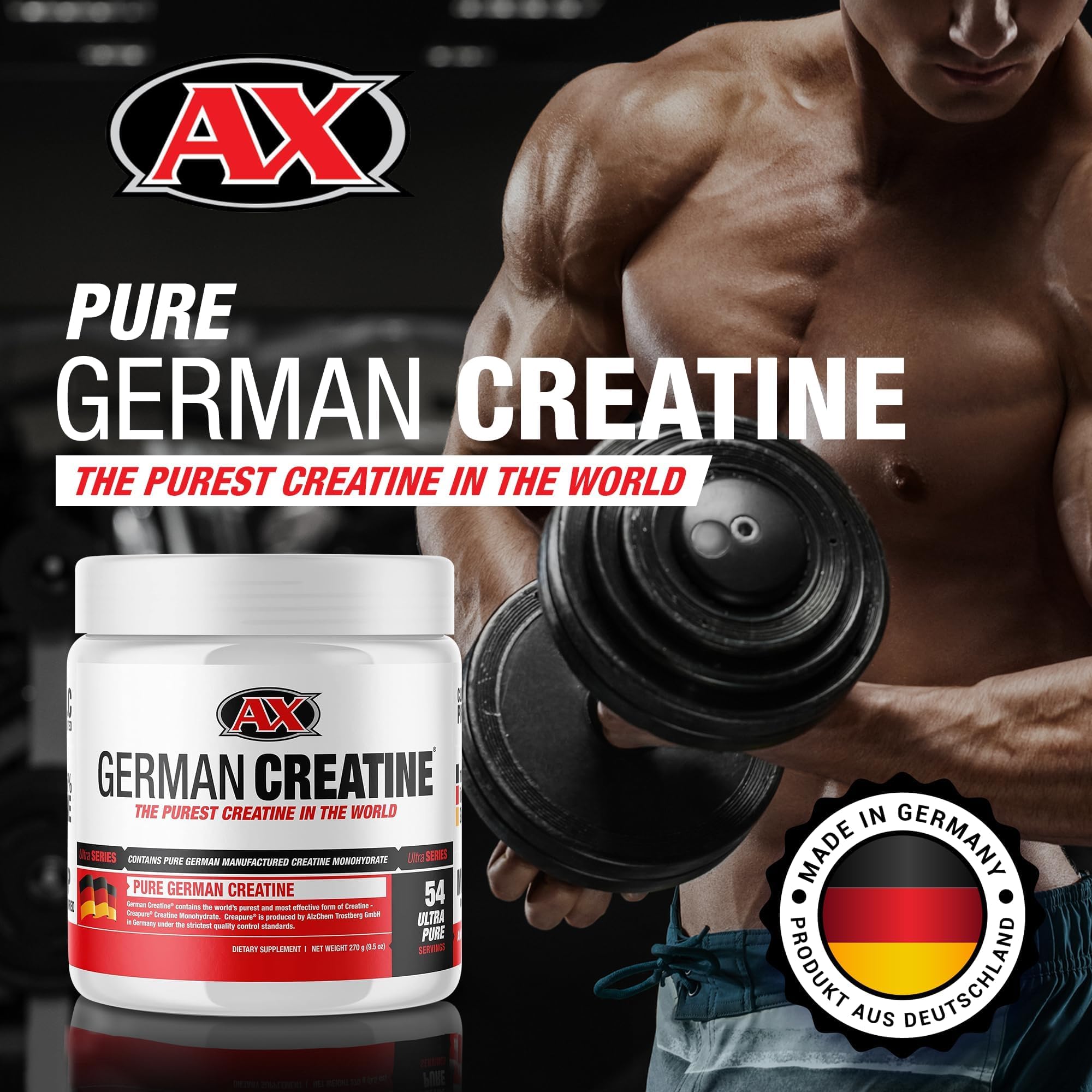 German Creatine - Micronized Creatine Monohydrate Powder, 99.99% Pure Creapure for Muscle Growth, Strength & Performance, Supports Muscle Recovery, 3rd Party Tested