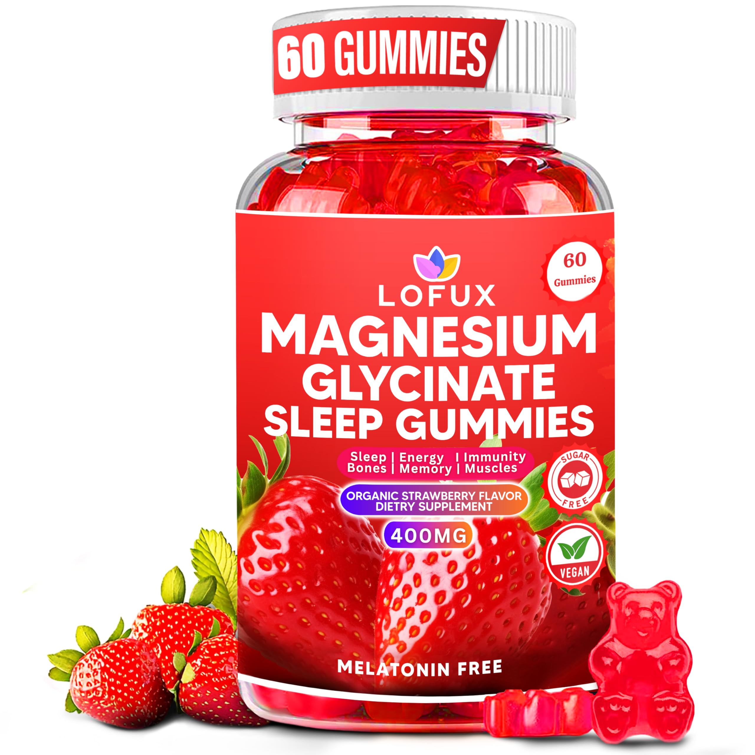 Lofux Magnesium Glycinate Gummies 400mg, Sugar Free Magnesium Gummies for Adults Women, Men, Chewable Supplement Gummy with L-Threonate, Vitamin D, B6, CoQ10