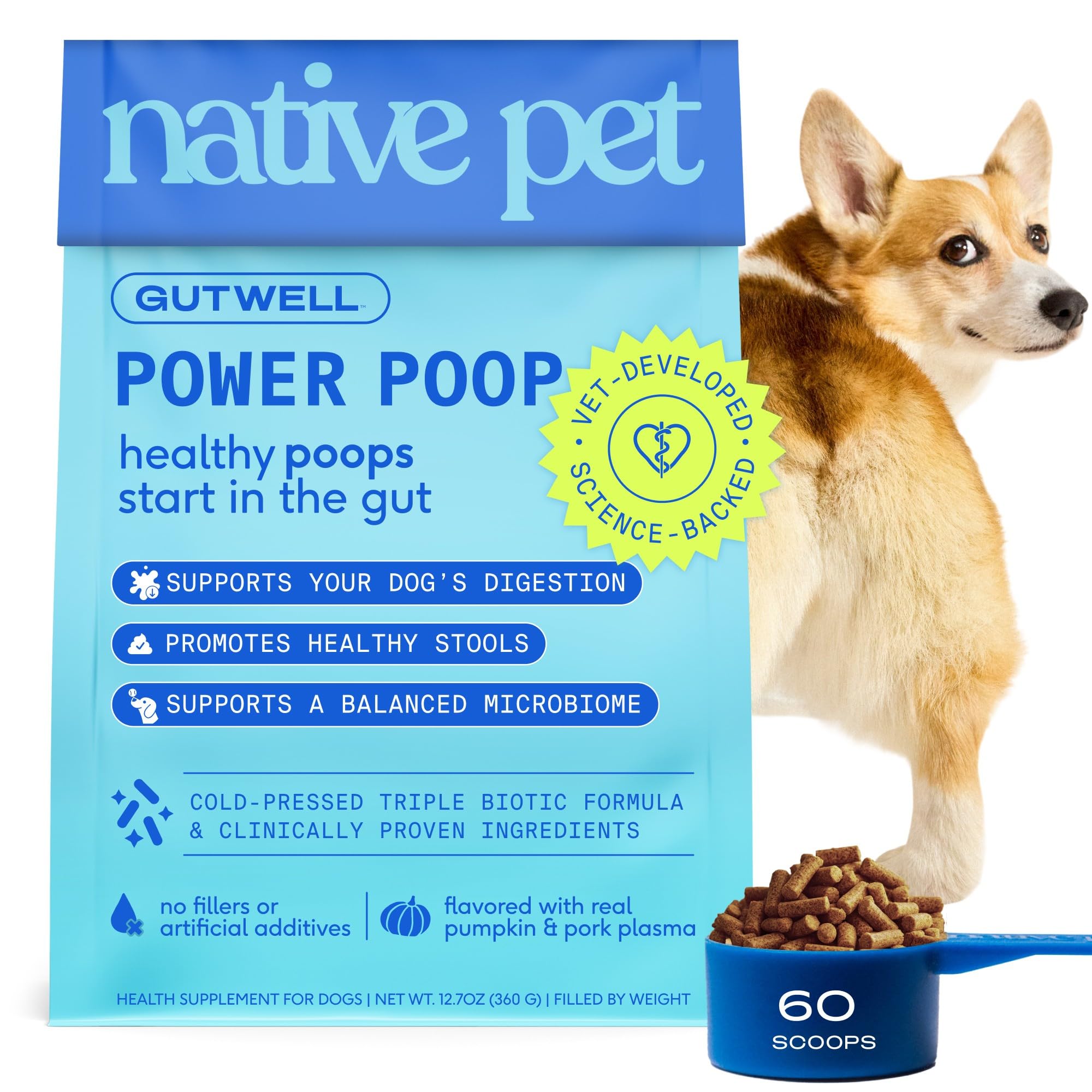 GutWell Power Poop - Digestive Enzymes & Fiber for Dogs - Dog Fiber Supplements Help with Diarrhea Relief, Upset Stomach, Pet Gas & Gut Health with Targeted Triple-Biotic Blend & M-Fiber - 60 Scoops Native Pet Au supplements