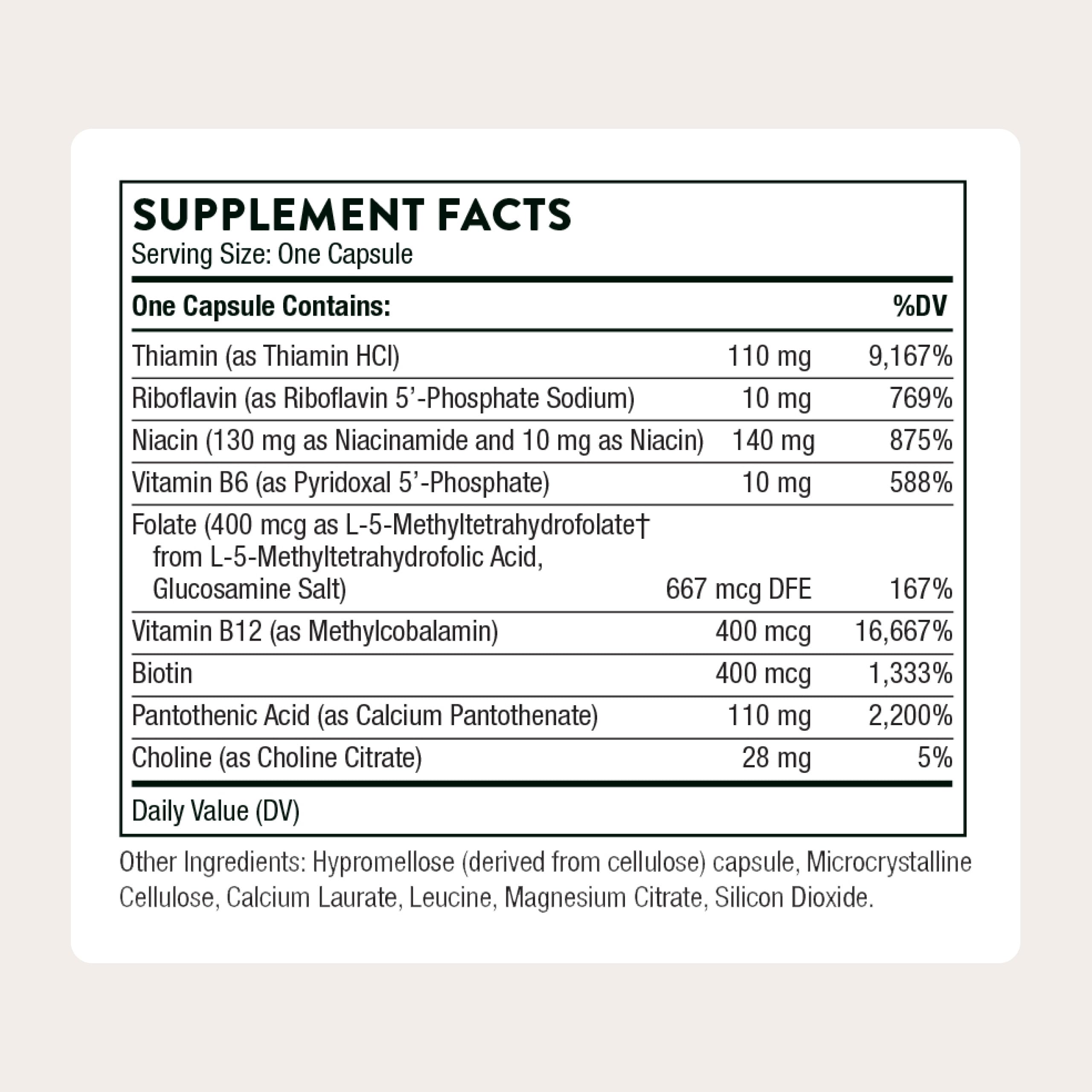 THORNE - Basic B-Complex - Tissue-Ready Vitamin B Complex Supplement with Choline - Supports Cellular Energy Production, Brain Health & Red Blood Cell Formation