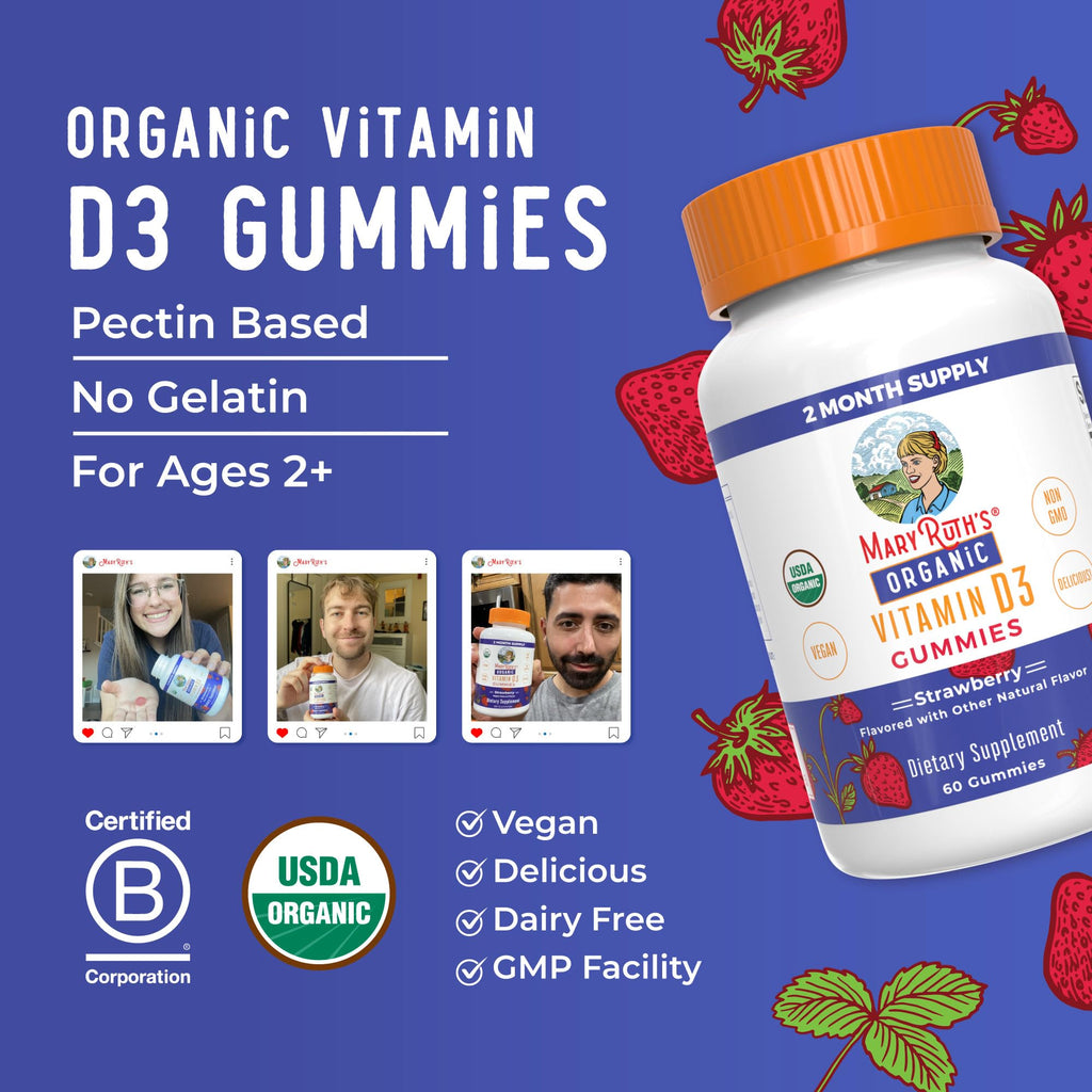 MARYRUTH'S Organic Vitamin D3 Gummies | 1000 IU | USDA Organic | Immune Support| Bone Health | Muscle Function | for Adults & Kids Ages 2+