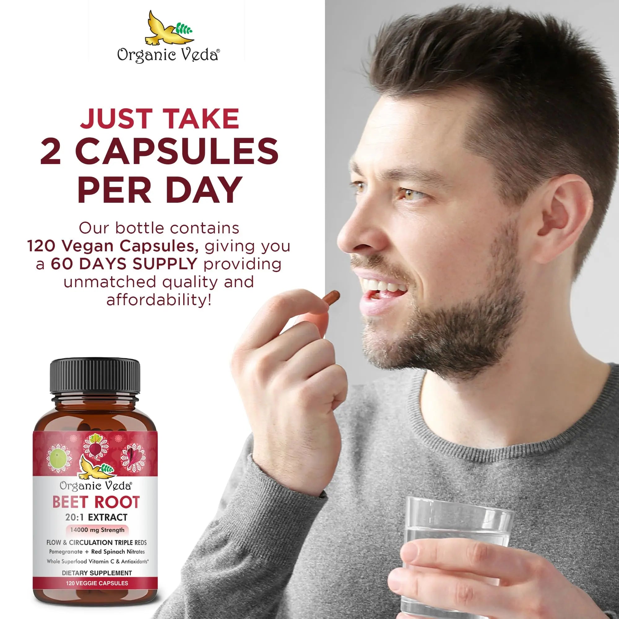 Organic Veda Beet Root Capsules - Triple Reds Nitric Oxide Beets Supplements - Concentrated Organic Veda Au supplements