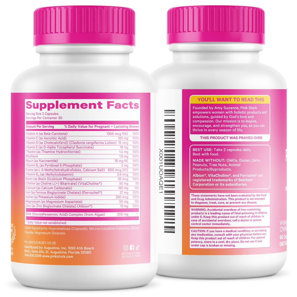 Pink Stork Total Prenatal Vitamins with DHA, Folate, Iron, Choline, and Vitamin B12 - Prenatals for Women to Support Fetal Development, Pregnancy Essentials