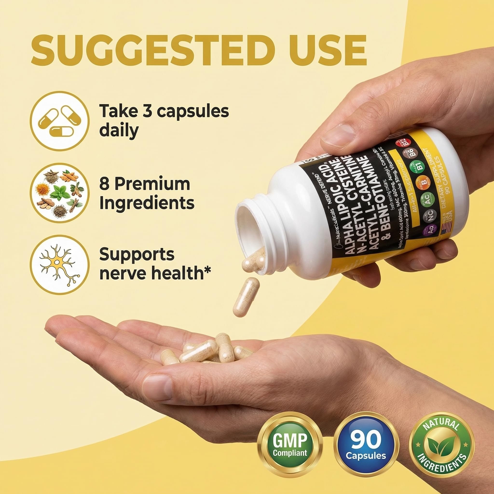 Alpha Lipoic Acid 600mg N-Acetyl Cysteine 600mg Acetyl L-Carnitine 500mg Benfotiamine 300mg - Nerve Support Supplement for Women and Men