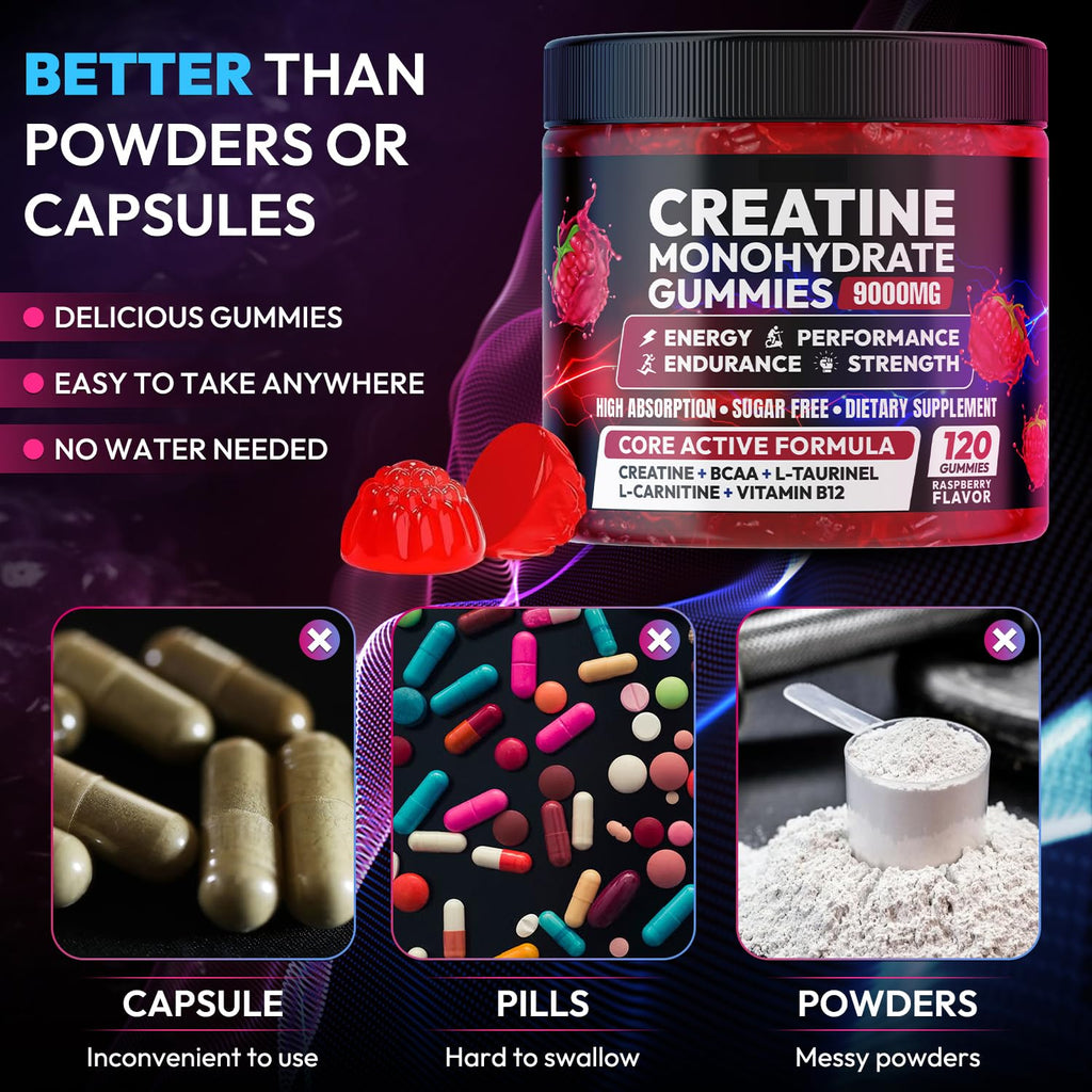 Cytona Creatine Gummies Monohydrate Complex 9000MG, Pre-Workout for Men & Women, Creatine Gummy with L-Taurine, BCAA 2:1, B12/6 for Muscle Support