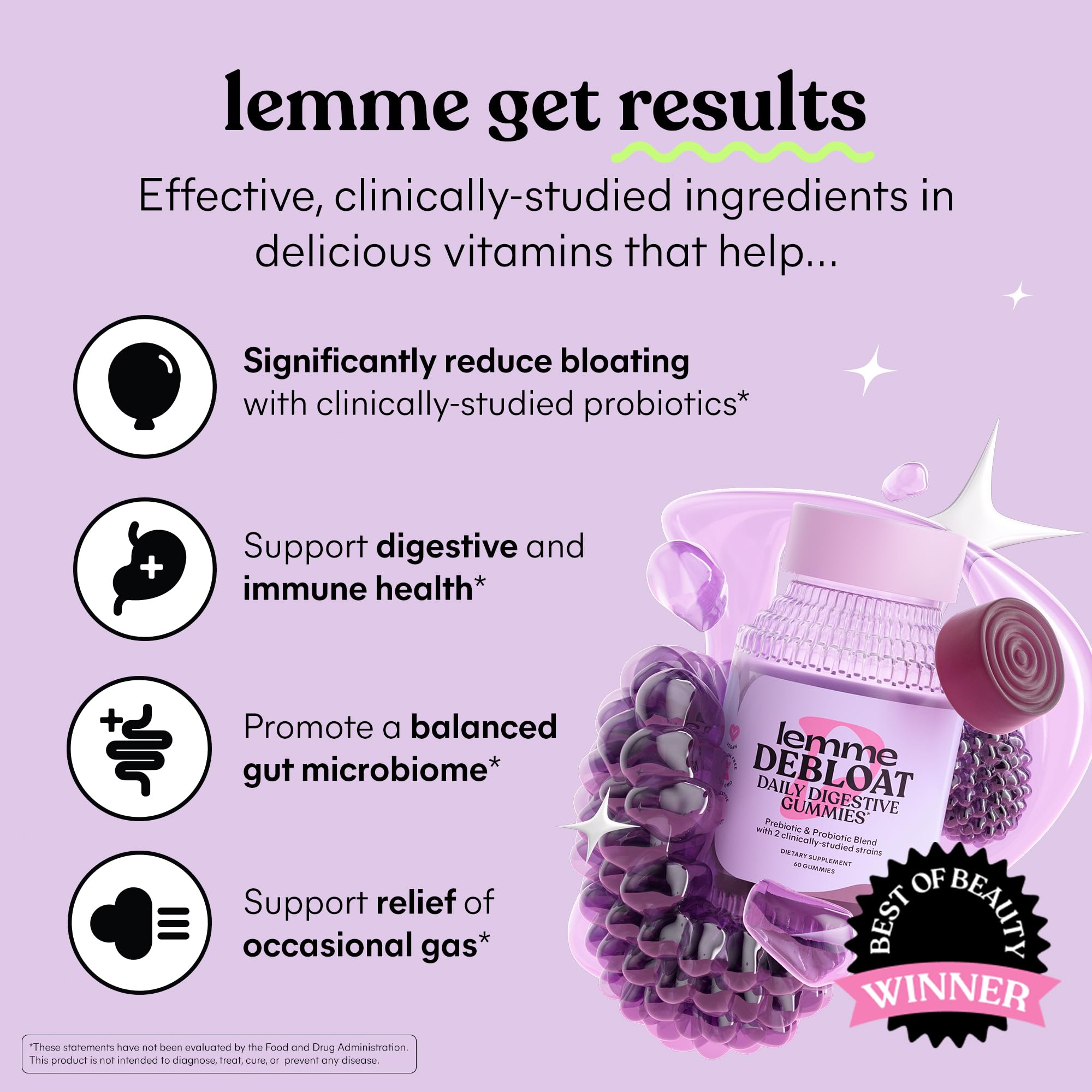Lemme Debloat - Digestive & Gut Health Gummies with 2 Clinically Studied Probiotics & Prebiotic, Vegetarian, Gluten Free, Non GMO, BlackBerry Flavor (60 Count) Lemme Au supplements