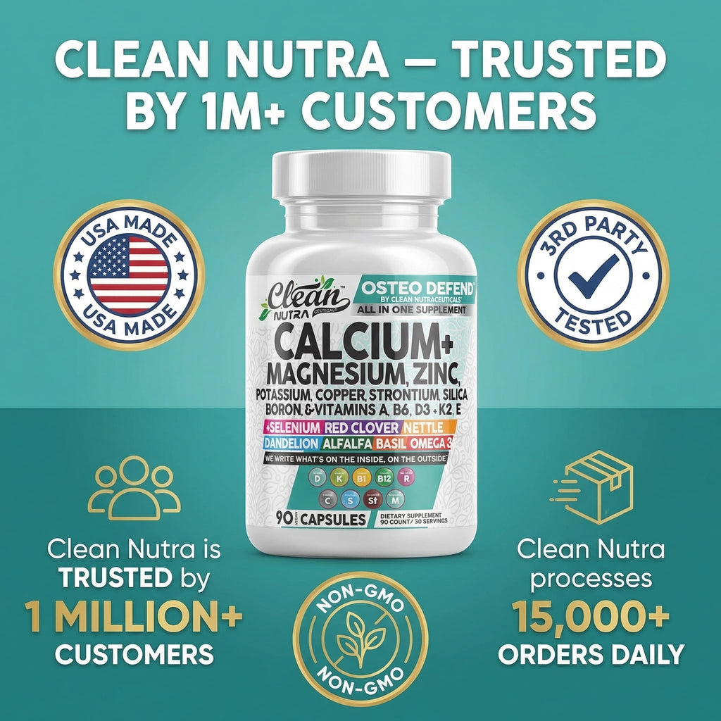 Allin1 Calcium Magnesium Zinc Supplement with Potassium, Copper, Strontium, Silica, Vitamin D3 K2, Boron, Vitamin B1 B12 Red Clover Herb Alfalfa Basil Pills for Men