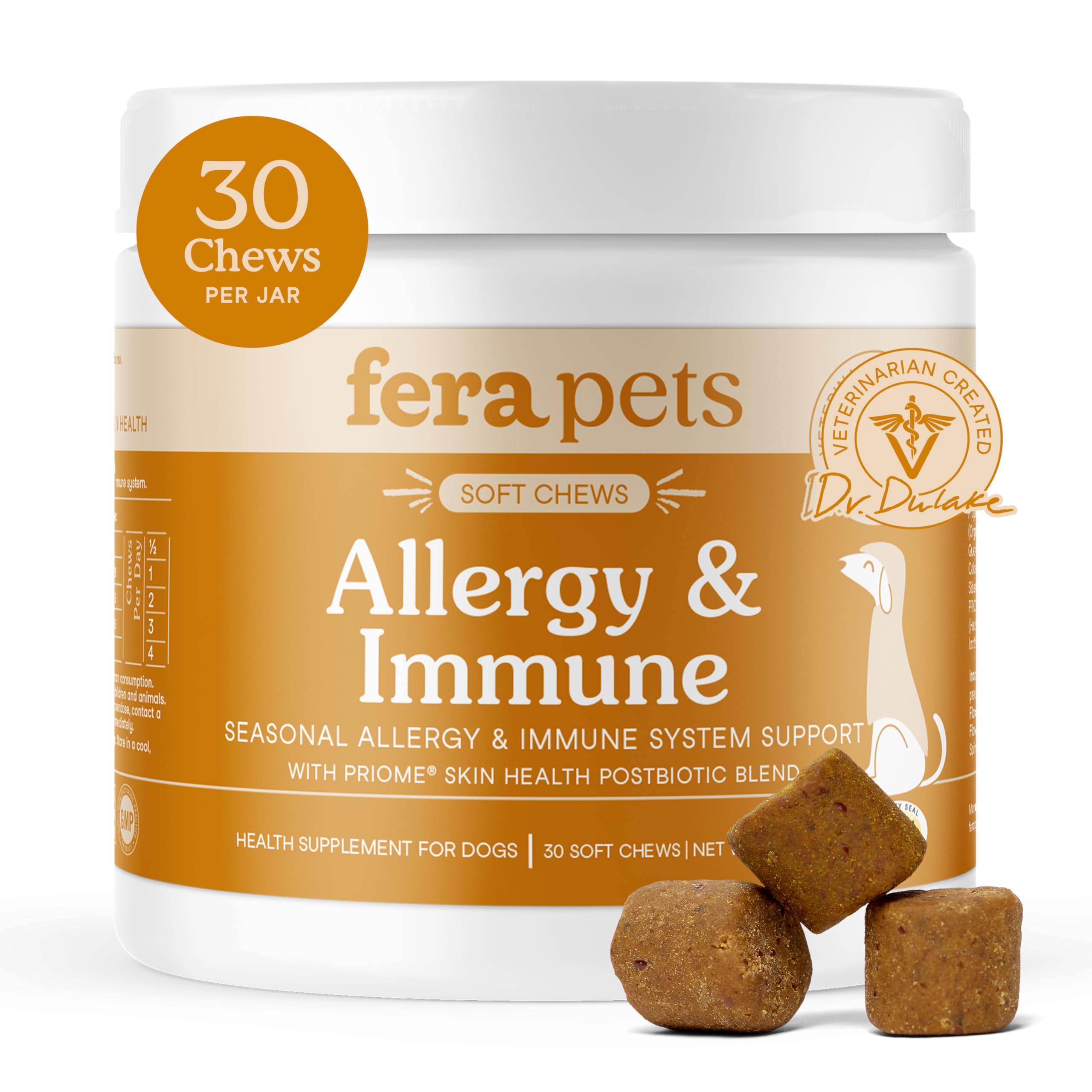 Fera Pets Dog Allergy and Immune Support with Organic Mushrooms, Postbiotics & Colostrum - Promotes Skin & Gut Health - Soothes Seasonal Allergy Symptoms - 30 Soft Chews Fera Pets Au supplements