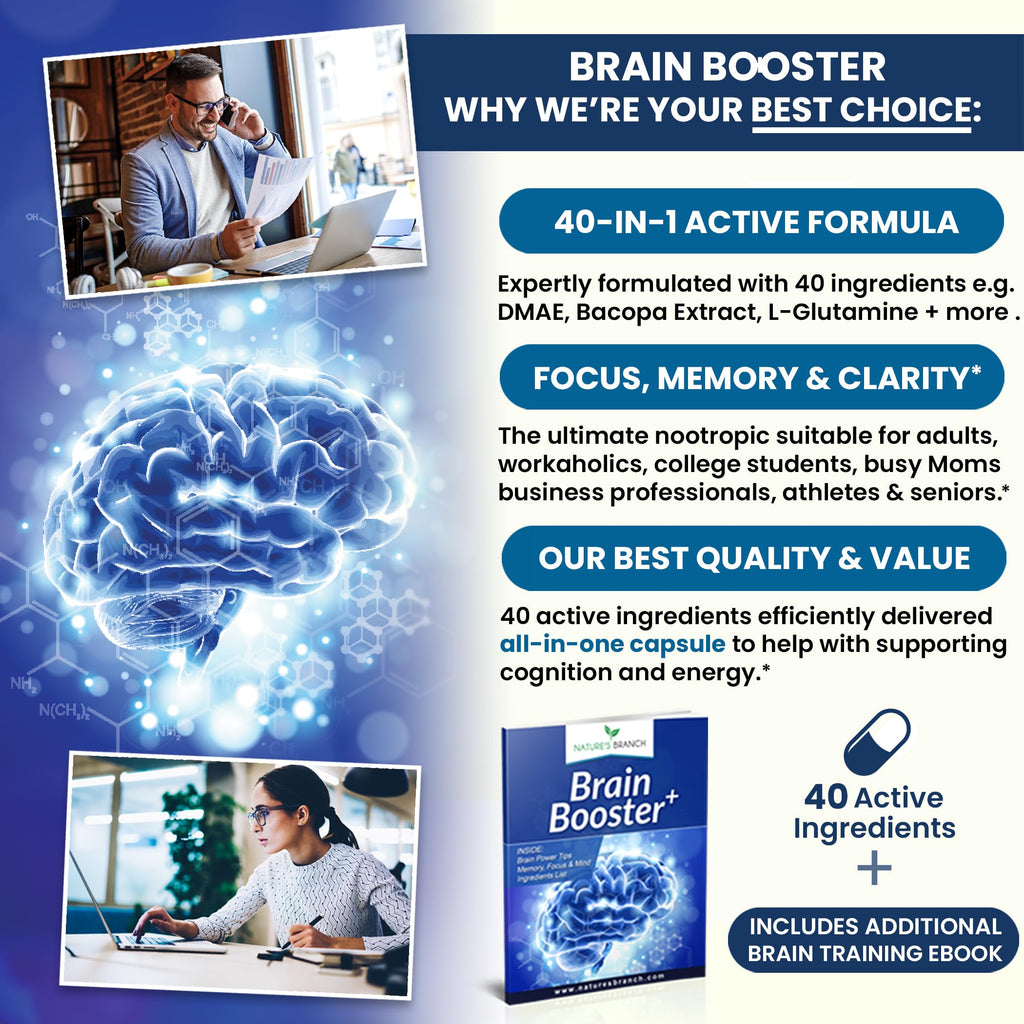 40-in-1 Brain Booster Supplement for Focus, Memory, Clarity, Energy | Advanced Vitamins Plus eBook | for Men & Women, Cognitive Function Nootropic Support with DMAE, Mind Health Formula | 60 Capsules NATURE'S BRANCH Au supplements