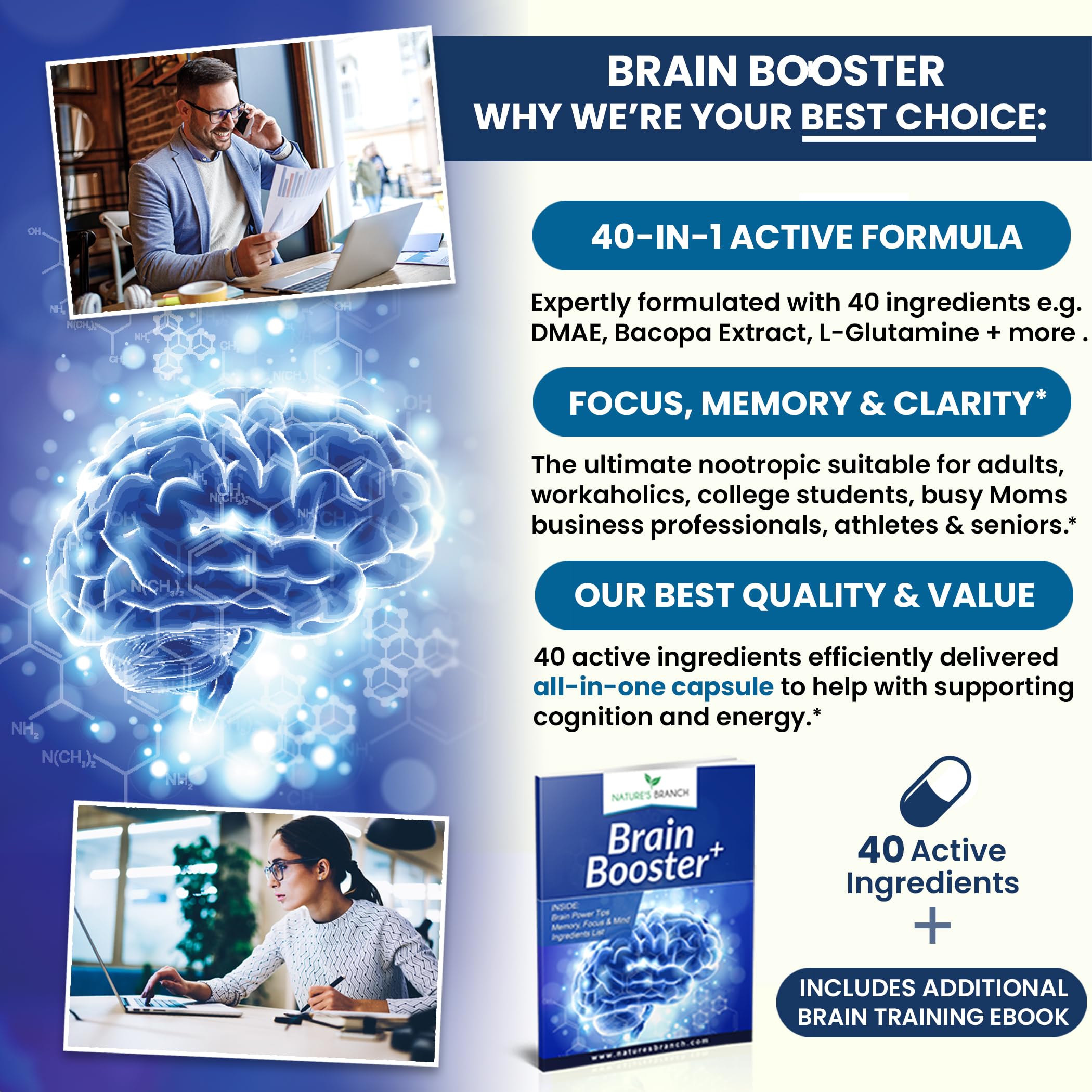 40-in-1 Brain Booster Supplement for Focus, Memory, Clarity, Energy | Advanced Vitamins Plus eBook | for Men & Women, Cognitive Function Nootropic Support with DMAE, Mind Health Formula | 60 Capsules NATURE'S BRANCH Au supplements