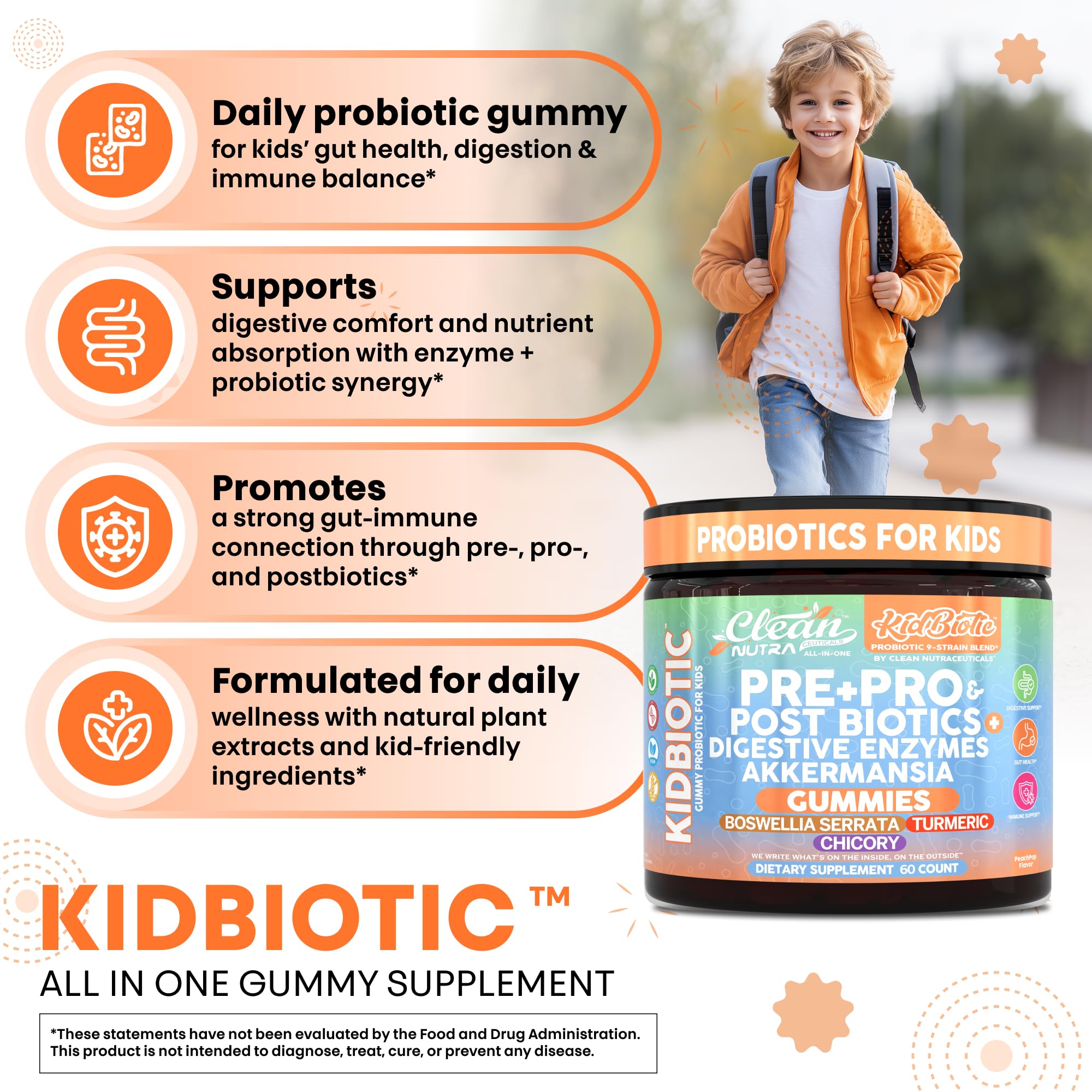 Clean Nutra Kids Probiotics Gummies with Prebiotics, Postbiotics, Digestive Enzymes, Akkermansia, Boswellia Serrata, Turmeric, Chicory – 60 Count – Plant-Based Supplement for Kids – PeachPop Flavor Clean Nutraceuticals Au supplements
