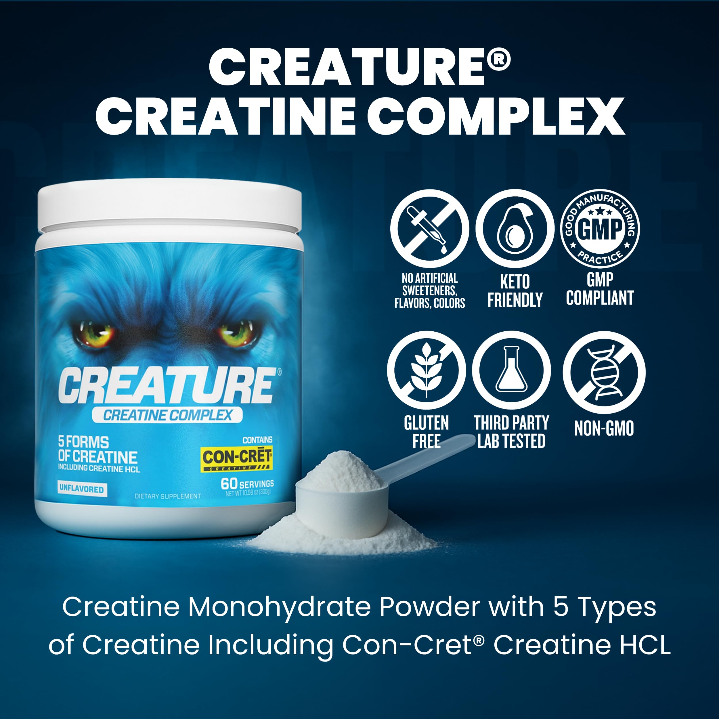 CREATURE® Creatine Complex - Creatine Monohydrate Powder with 5 Types of Creatine Including Con-Crēt® Creatine HCL, Promotes Muscle, Strength, Endurance, Brain Health, Unflavored, 300g 60 Servings CREATURE Au supplements