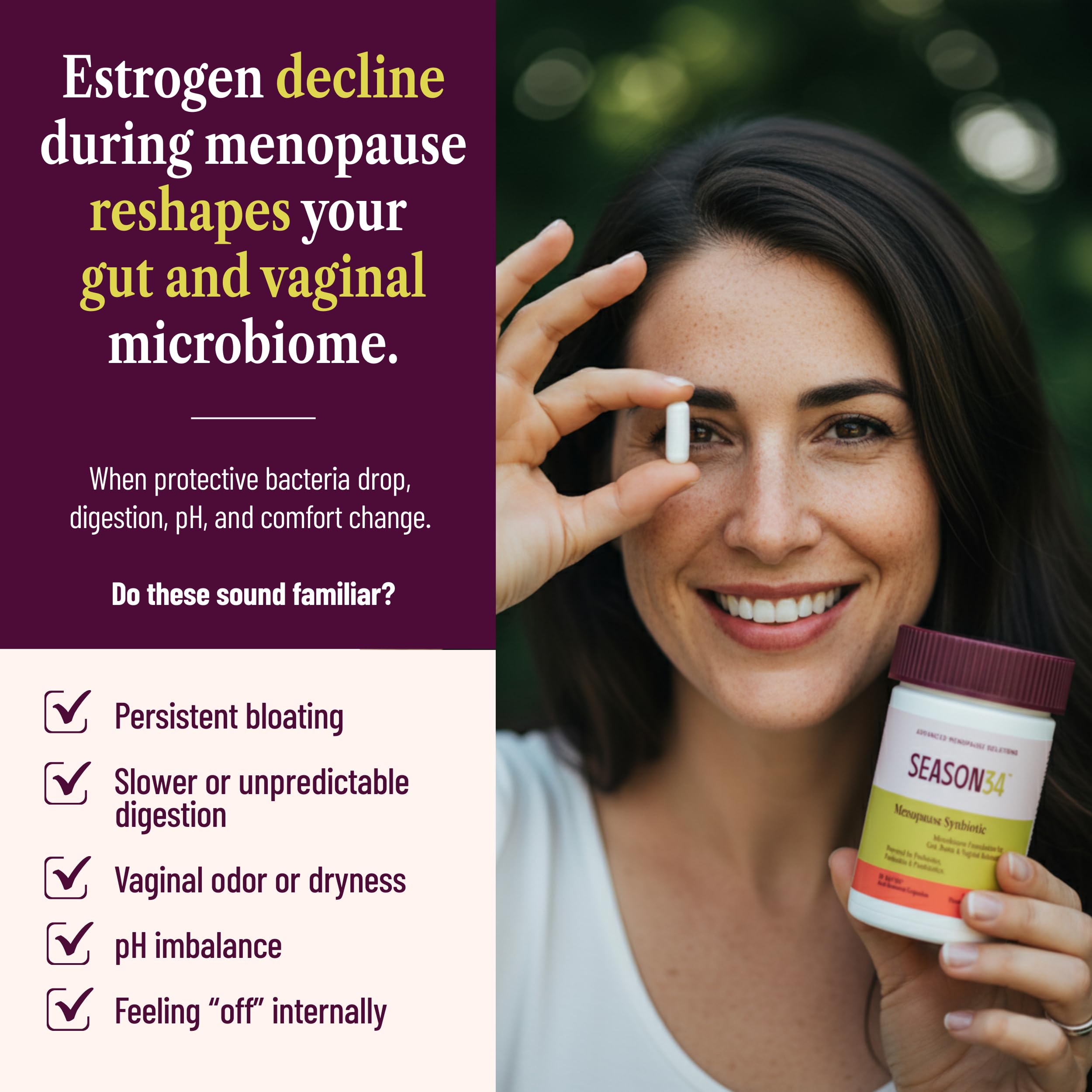 SEASON34 3-in-1 Menopause Probiotic for Women 40+ | Vaginal Care, pH, Odor & Intimate Comfort + Skin, Gut & Bloat Support | with Prebiotic Fiber & Postbiotics | 30 Capsules, 1 Month Supply SEASON34 Au supplements