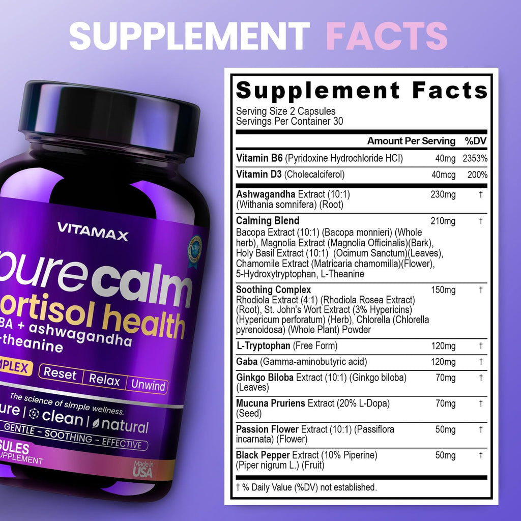 Vitamax Pure Calm Cortisol Supplements for Women - L Theanine, Ashwagandha, GABA for Relaxation, Mood & Stress Support with Ginkgo Biloba, Bacopa Monnieri, 5-HTP – Non-GMO, Made in USA – 60ct Vitamax Au supplements