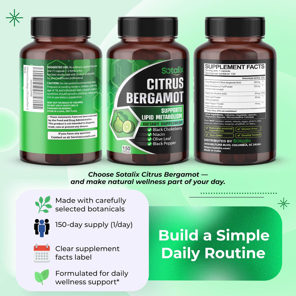 Premium Citrus Bergamot Organic Bergamot Supplement with Niacin Black Chokeberry Olive Leaf Black Pepper