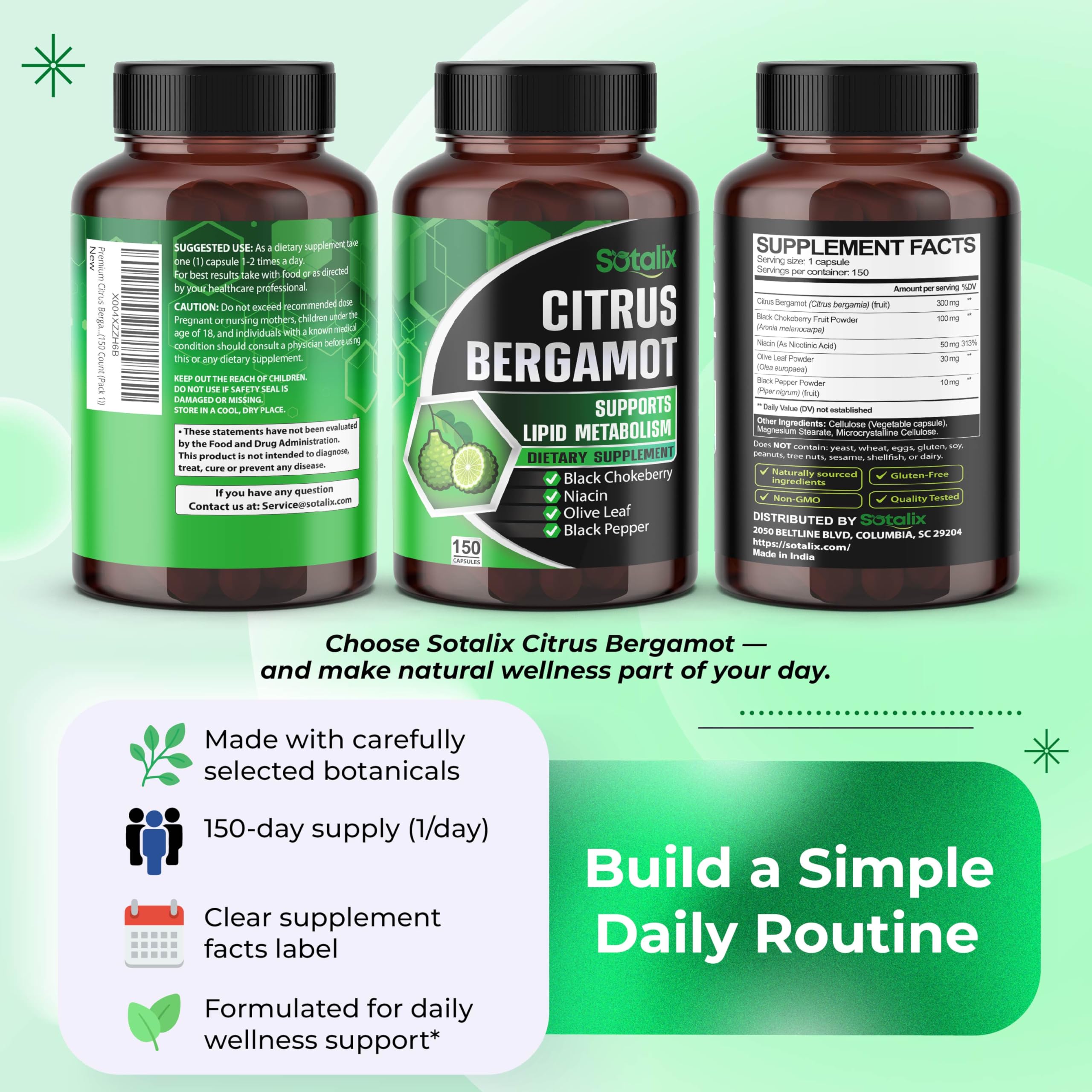 Premium Citrus Bergamot Organic Bergamot Supplement with Niacin Black Chokeberry Olive Leaf Black Pepper
