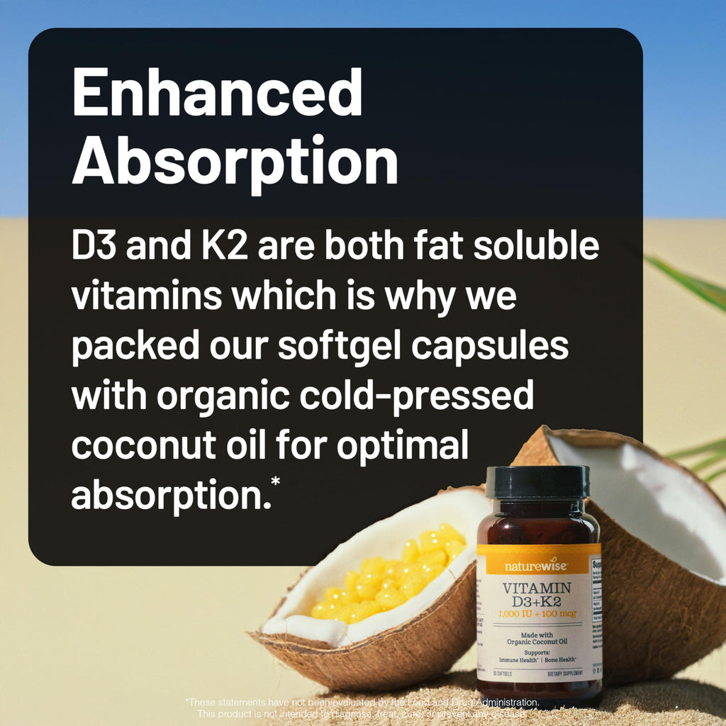 NatureWise Vitamin D3 1000IU + K2 (MK7) 100mcg with Organic Extra Virgin Coconut Oil - Supports Calcium Absorption, Bone & Immune Health - Non-GMO