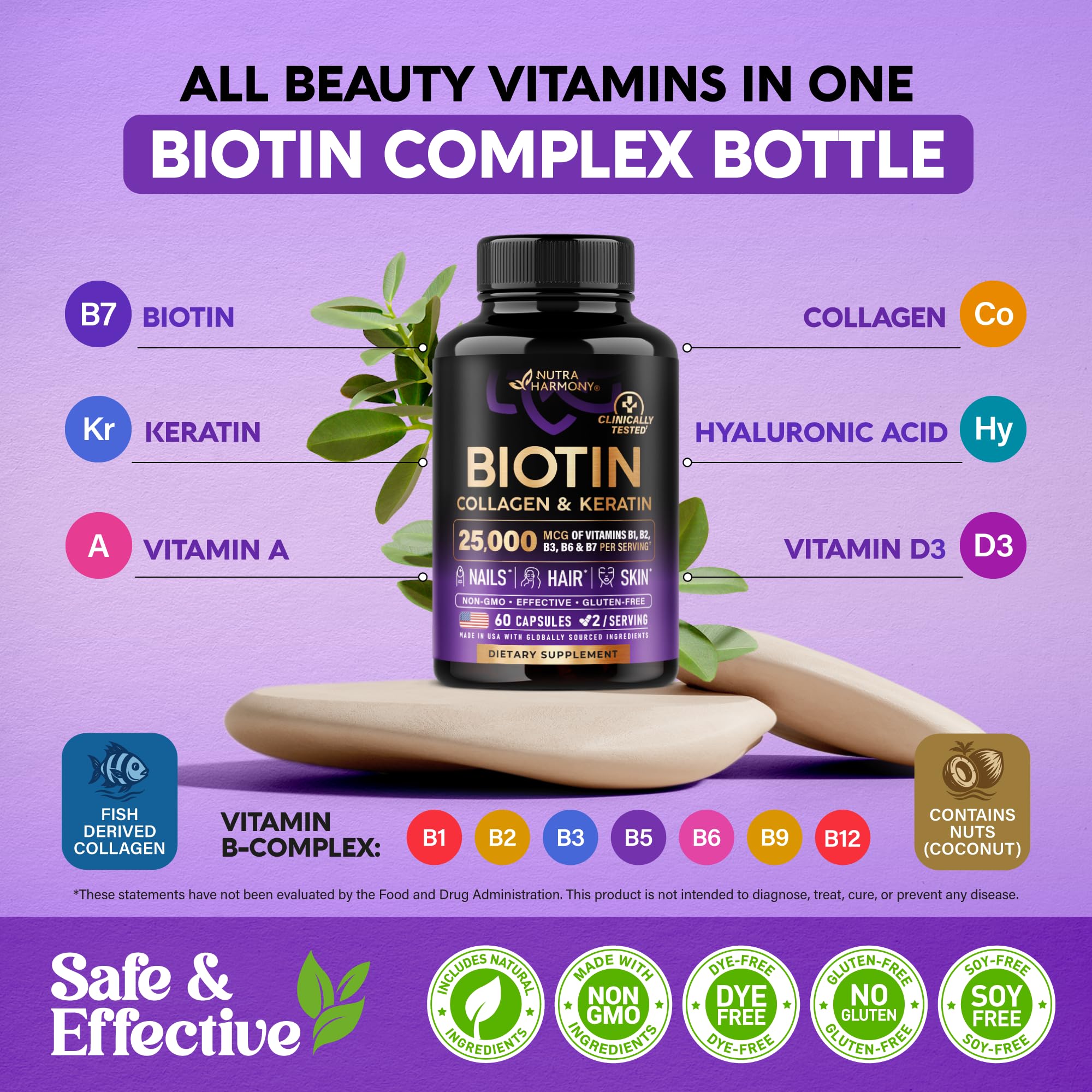 NUTRAHARMONY Biotin | Collagen | Hyaluronic Acid | Keratin - Support Normal Hair Growth Cycle - Skin & Nails - 25000mcg Vitamins B1, B2, B3, B6 & B7