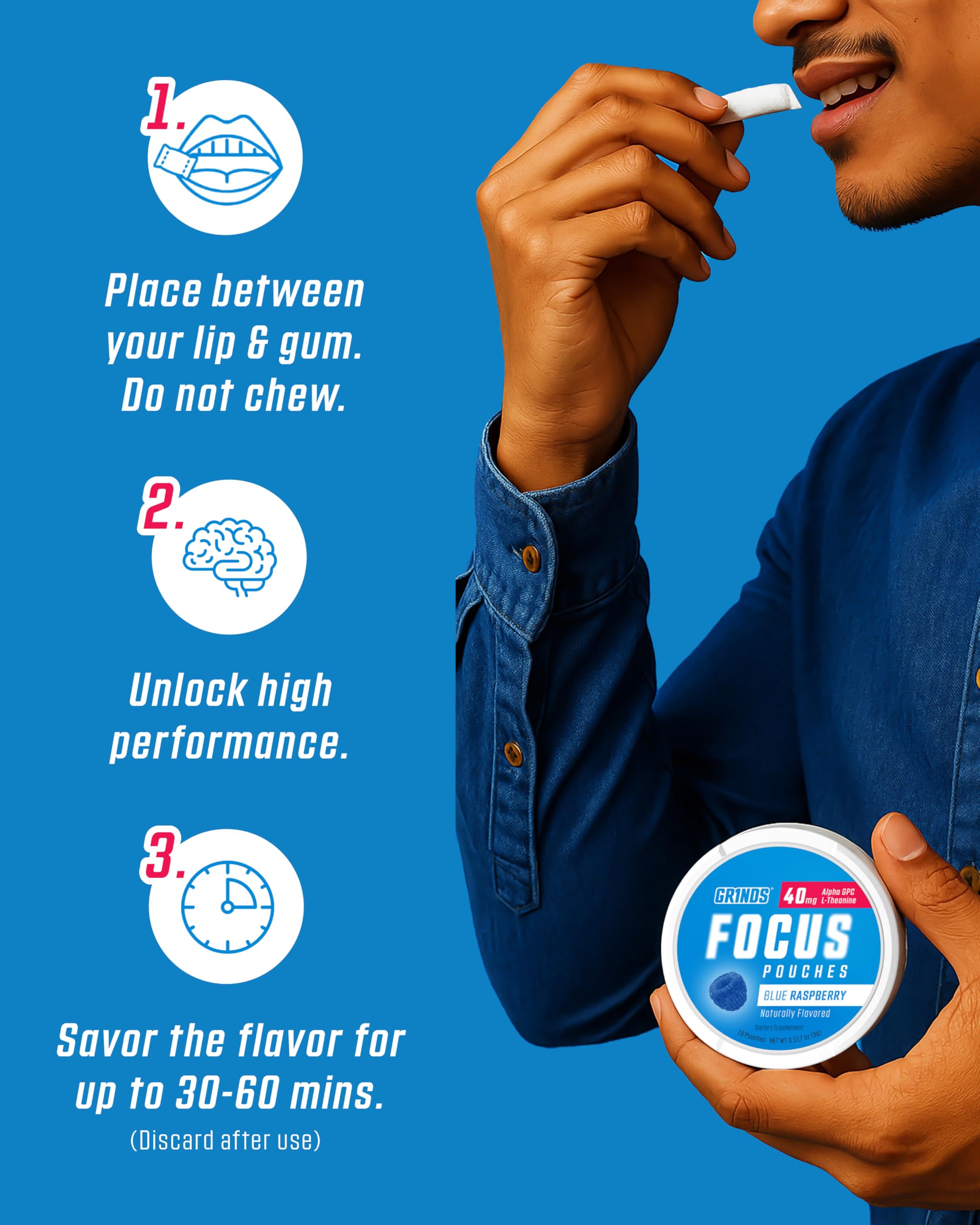 GRINDS Focus Pouches - Naturally Flavored with Nootropic Ingredients - Contains Alpha GPC and L-Theanine - Nicotine-Free, Sugar-Free - 3 Pack, 18 Pouches Per Can - Blue Raspberry GRINDS Au supplements