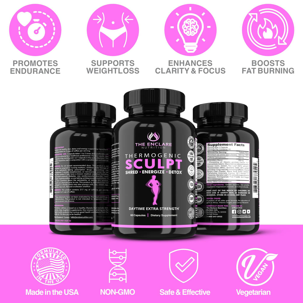 Thermogenic  Appetite Suppressant,  Supplement for Women & Men, Metabolism, Energy, Focus, Brain, Caffeine Pills with Chromium, Green Tea Extract, L Theanine, Sculpt 60 Capsules