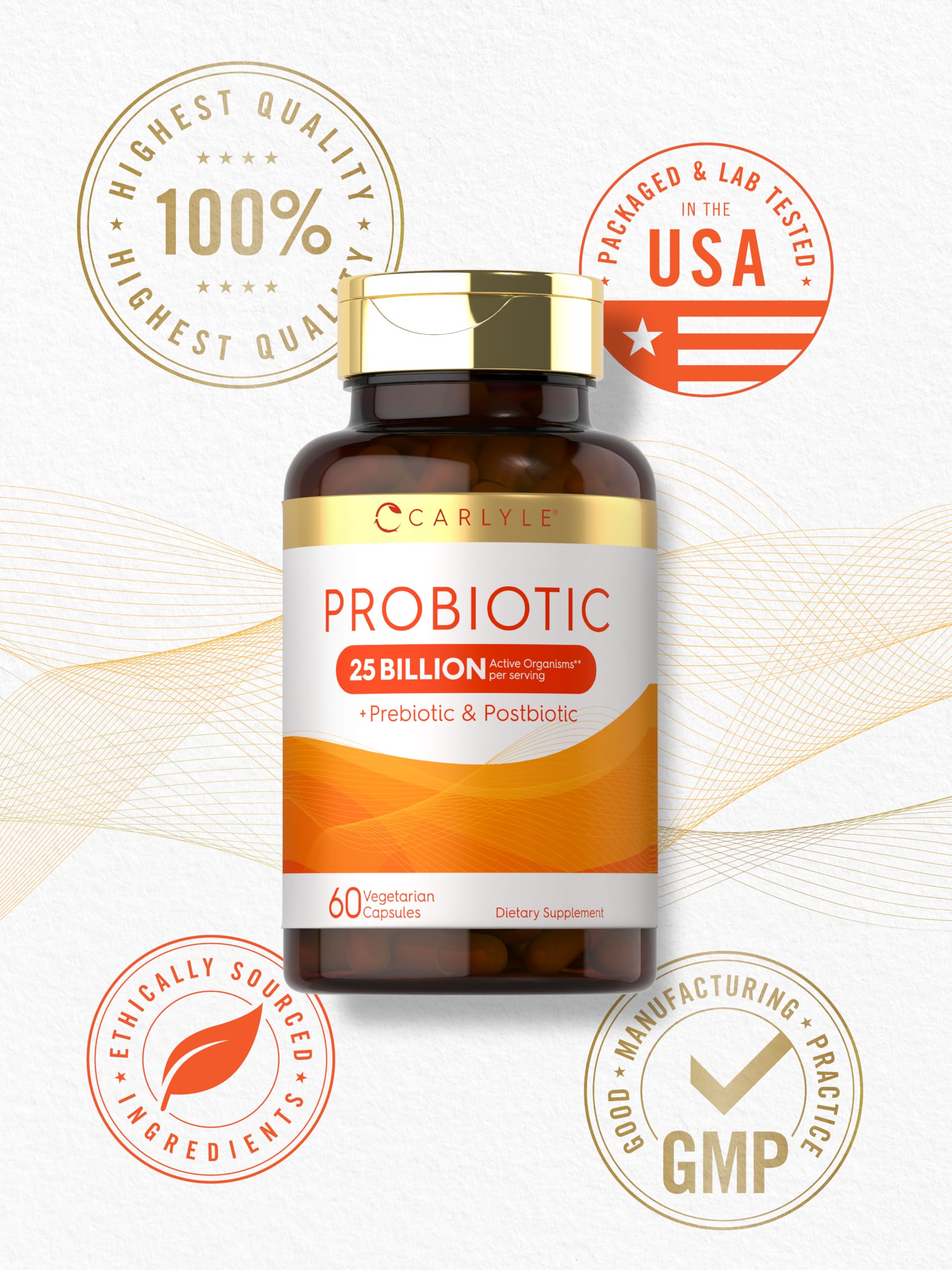 Carlyle Probiotic with Prebiotics & Postbiotics | 25 Billion CFU | 60 Capsules | Supplement for Women & Men | Powder Pills