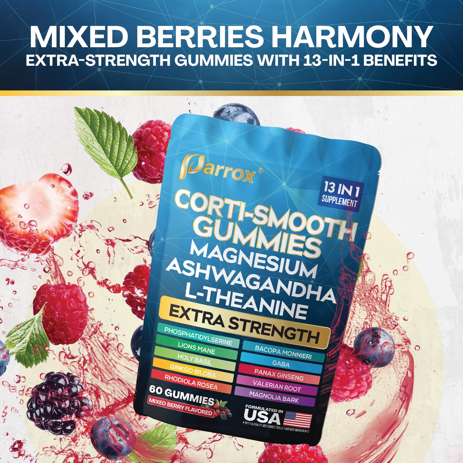 Parrox Corti-Smooth Cortisol Support Gummies with Magnesium, L-Theanine, Ashwagandha, Phosphatidylserine, Bacopa Monnieri, Lions Mane, Ginkgo Biloba, Valerian Root (60 Gummies - Mixed Berry Flavor) Parrox Au supplements