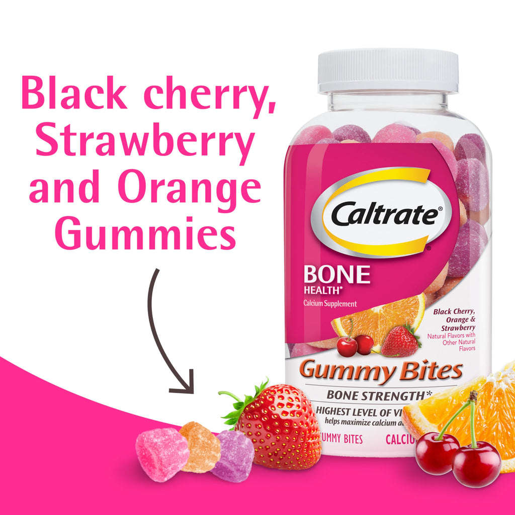 Caltrate Gummy Bites 500 mg Calcium and Vitamin D Supplement, Black Cherry, Strawberry, Orange - 100 Count