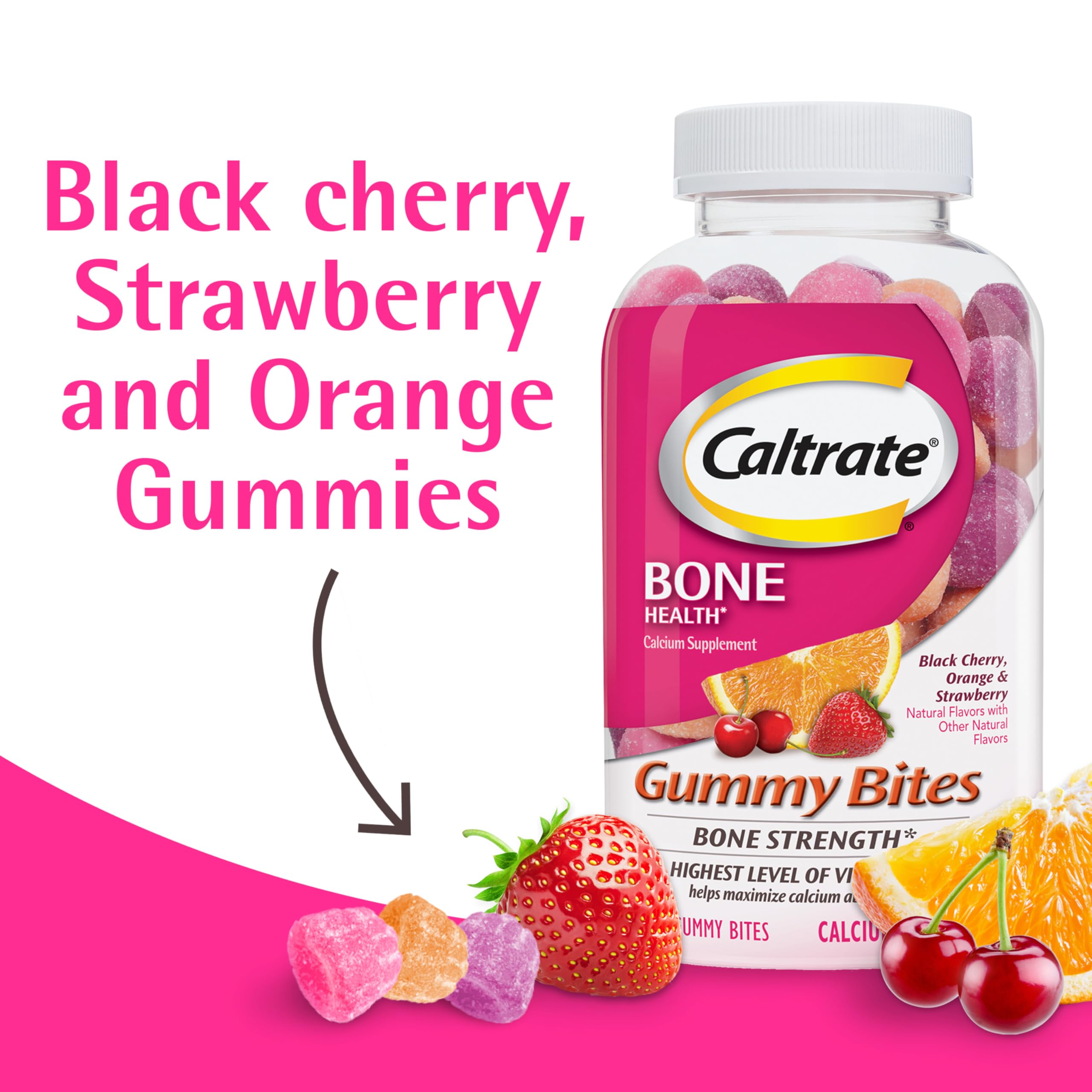 Caltrate Gummy Bites 500 mg Calcium and Vitamin D Supplement, Black Cherry, Strawberry, Orange - 100 Count
