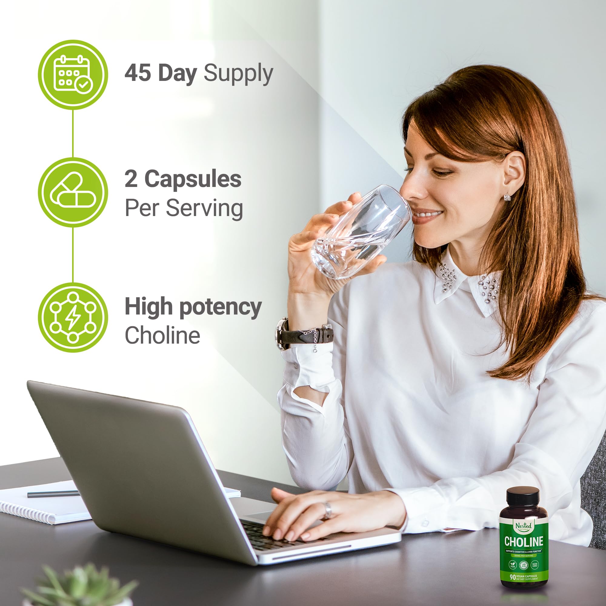 Nested Naturals Choline Bitartrate 500mg Per Serving - High Potency Choline Supplements - Supports Cognitive Performance & Liver Function -