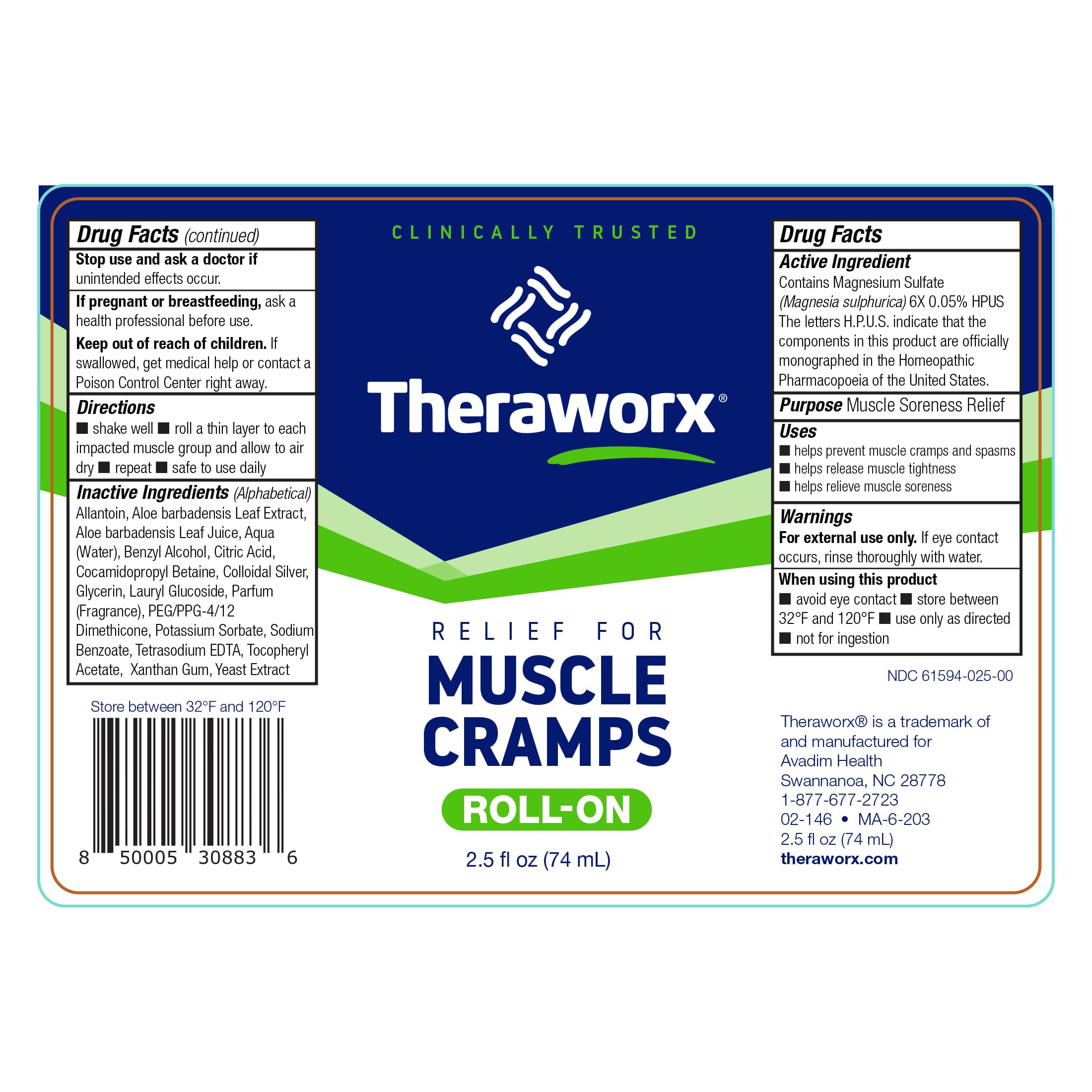 Theraworx Relief for Muscle Cramps Roll-On Fast-Acting Muscle Spasm, Leg Soreness with Magnesium Sulfate - 2.5 oz - 1 Count Theraworx Au supplements