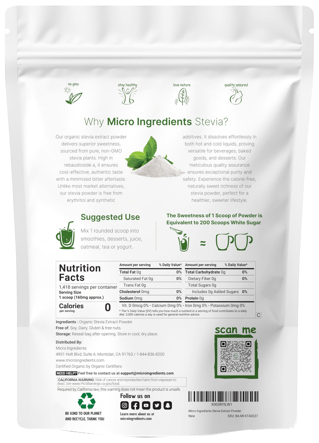 Micro Ingredients Pure Organic Stevia Powder, 8 Ounces, 1418 Serving, Highest Grade Stevia Green Leaf Extract Reb-A, Reduced Bitter Aftertaste, 0 Calorie, Natural Sweetener