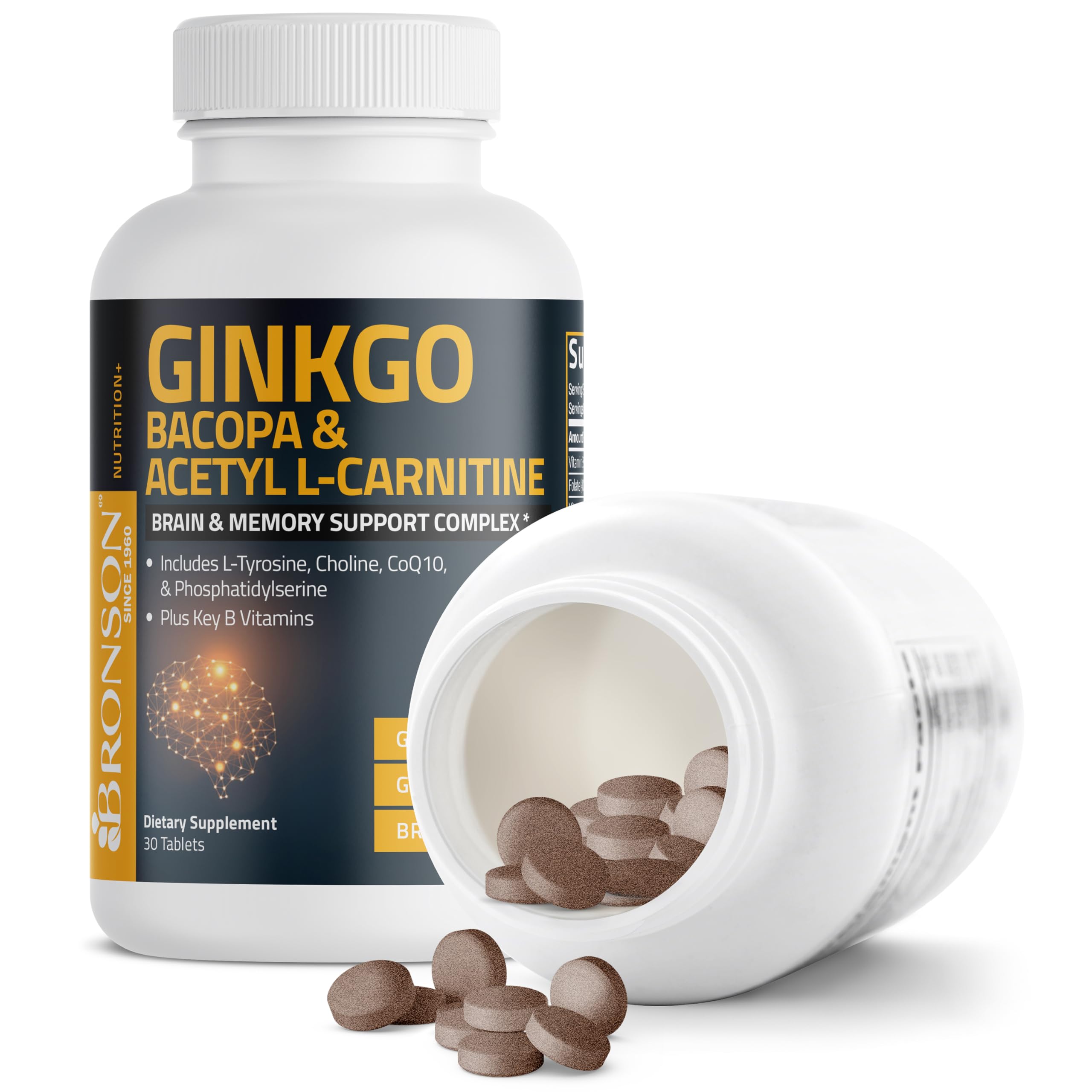 Bronson Ginkgo, Bacopa & Acetyl L-Carnitine Brain & Memory Support Complex with L-Tyrosine, Choline, CoQ10 & Phosphatidylserine Plus Key B Vitamins Non-GMO, 30 Tablets Bronson Au supplements