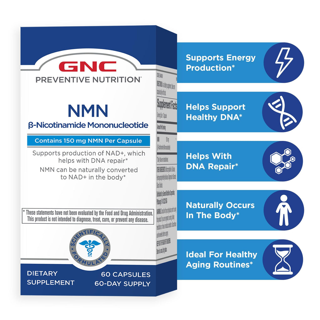 GNC Preventive Nutrition NMN, 150 mg, NAD+ Booster Supplement for Cellular Energy & DNA Repair, Anti-Aging Support, 60 Capsules, Gluten Free, 60 svg GNC Au supplements