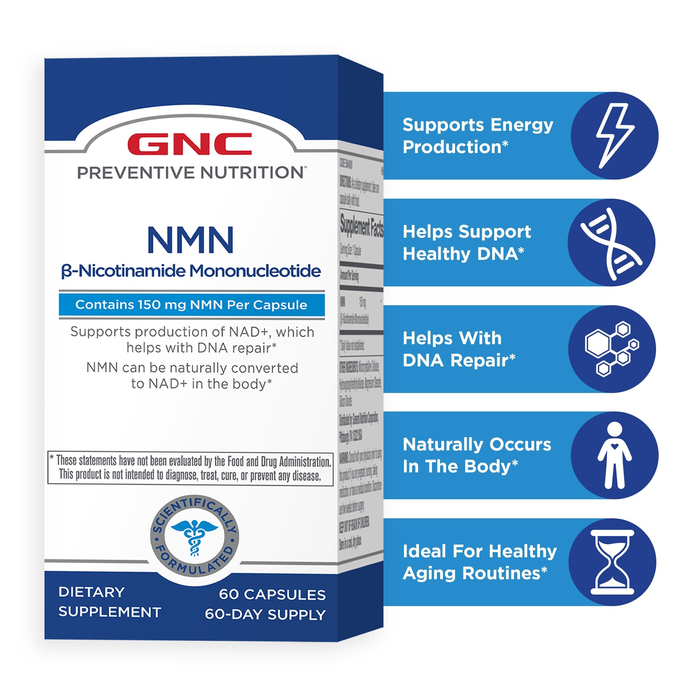GNC Preventive Nutrition NMN, 150 mg, NAD+ Booster Supplement for Cellular Energy & DNA Repair, Anti-Aging Support, 60 Capsules, Gluten Free, 60 svg GNC Au supplements