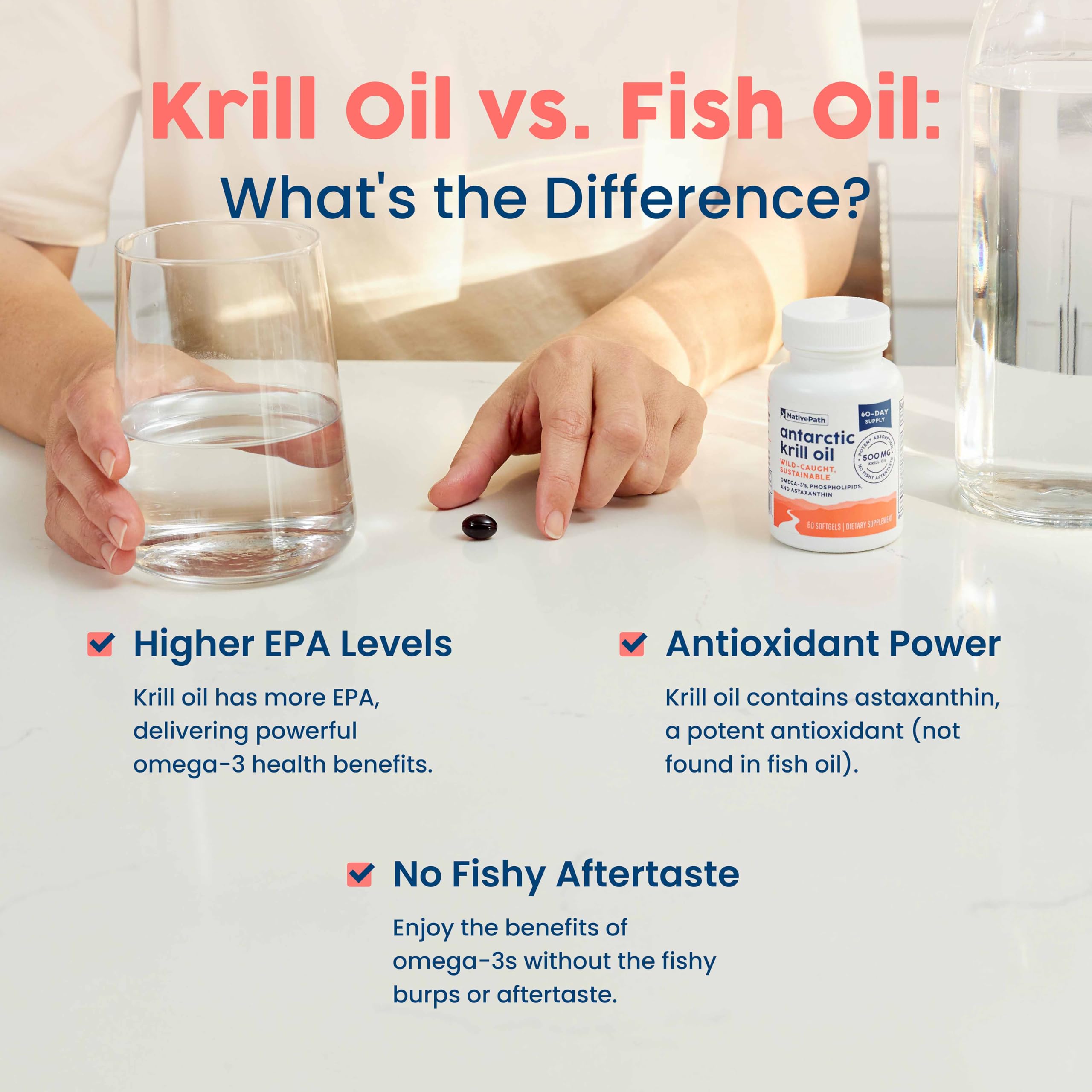 NativePath Antarctic Krill Oil - Wild-Caught Omega 3 Krill Oil 500mg Softgels with EPA, DHA and Astaxanthin - Supplement for Joint, Hear