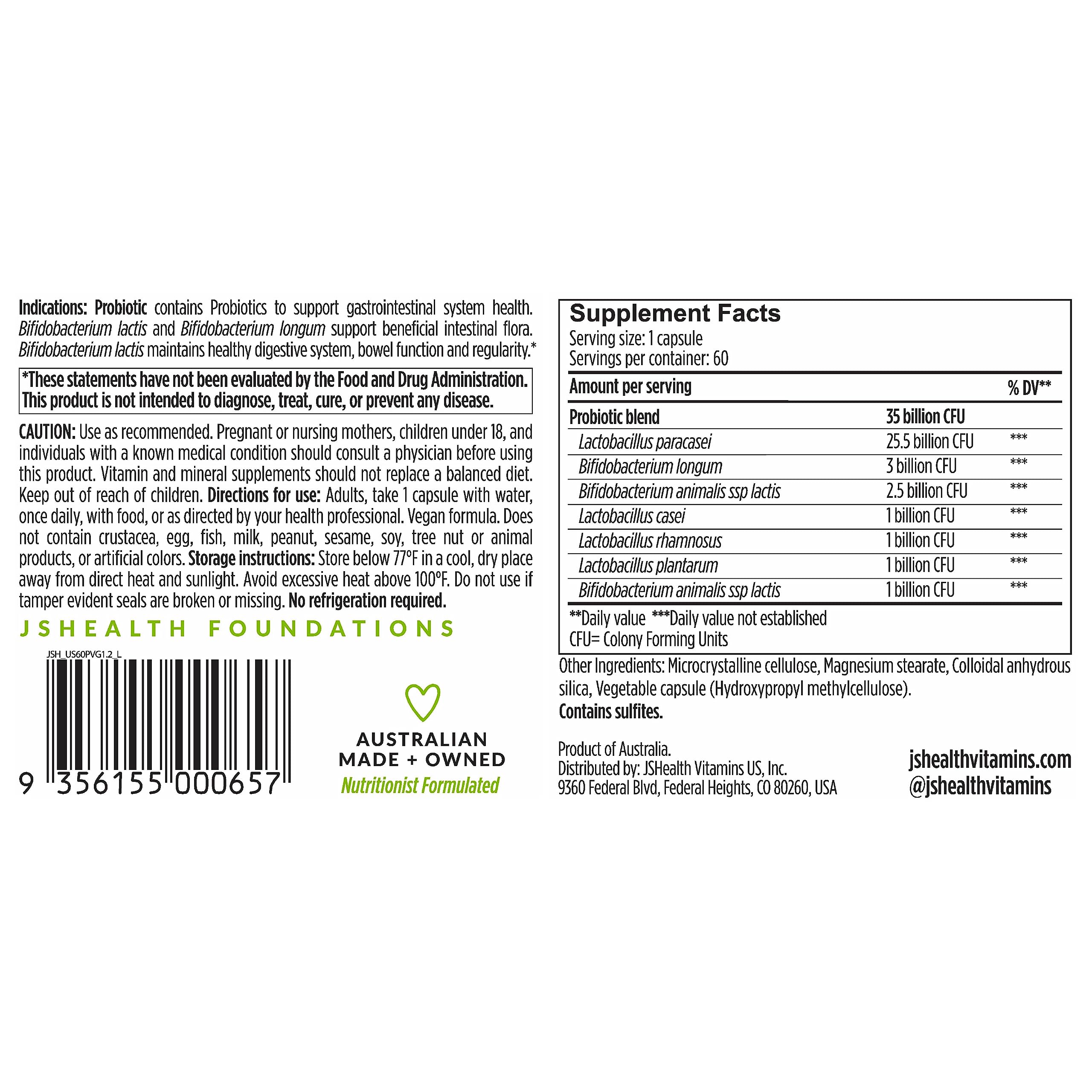 JSHealth Vitamins Gut Health and Immunity Formula | Probiotics for Women and Men | Shelf Stable Probiotic Supplement for Digestive Health and Immune Support (60)
