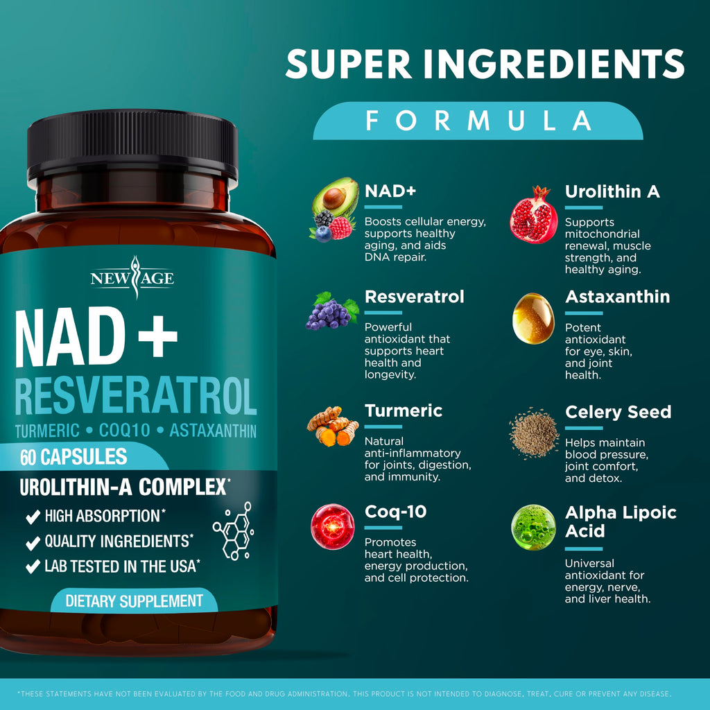 NEW AGE NAD+ Supplement Complex – NAD+ 300 mg with Astaxanthin, Urolithin A, Resveratrol, CoQ10 & Antioxidant Blend – Cellular Energy, Support or Women & Men – Vegan, Non-GMO- 120 Count NEW AGE Au supplements